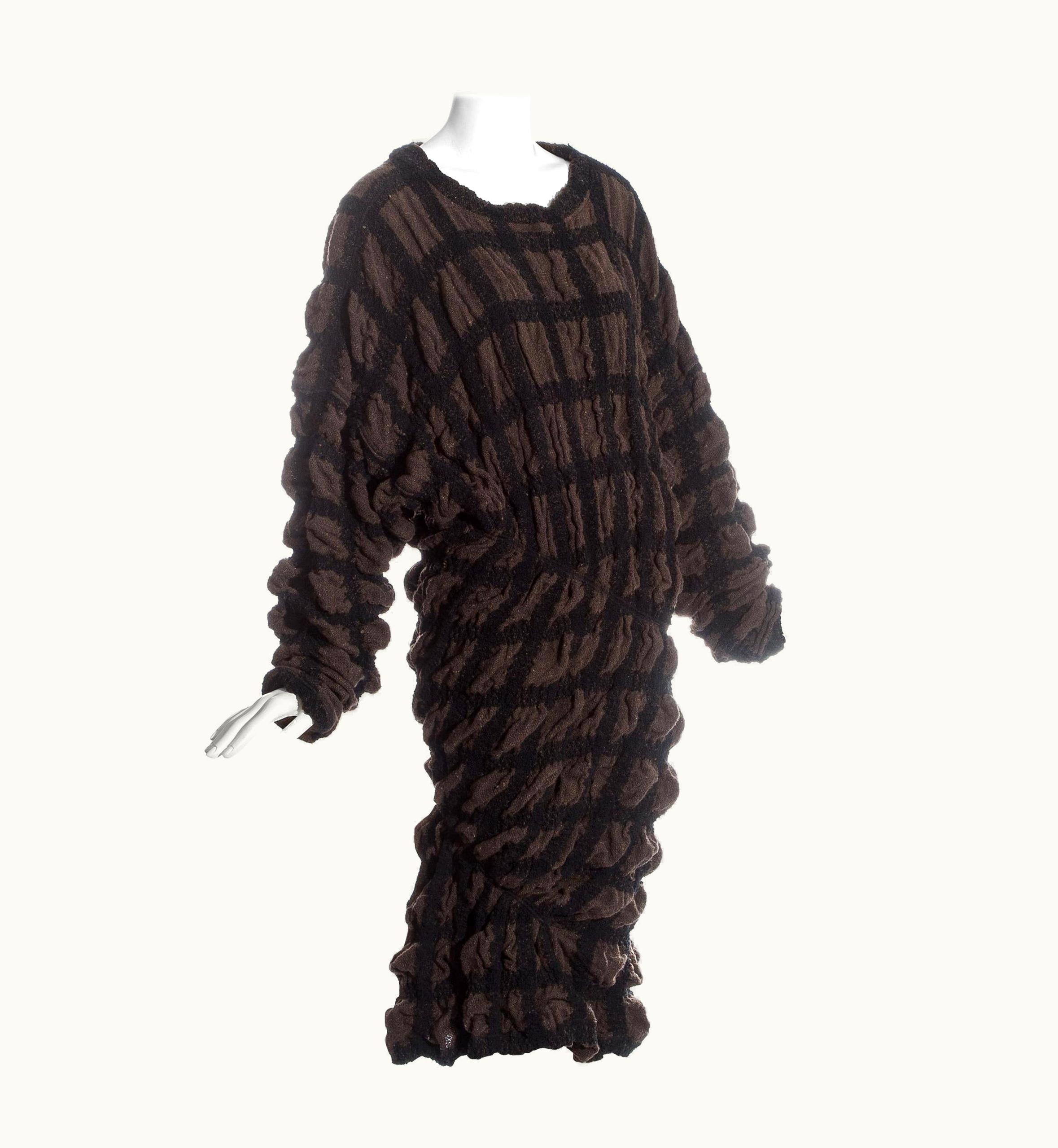Issey Miyake Issey Miyake Brown Checked Wool Sweater Dress With Elastic Binding, AW 1985