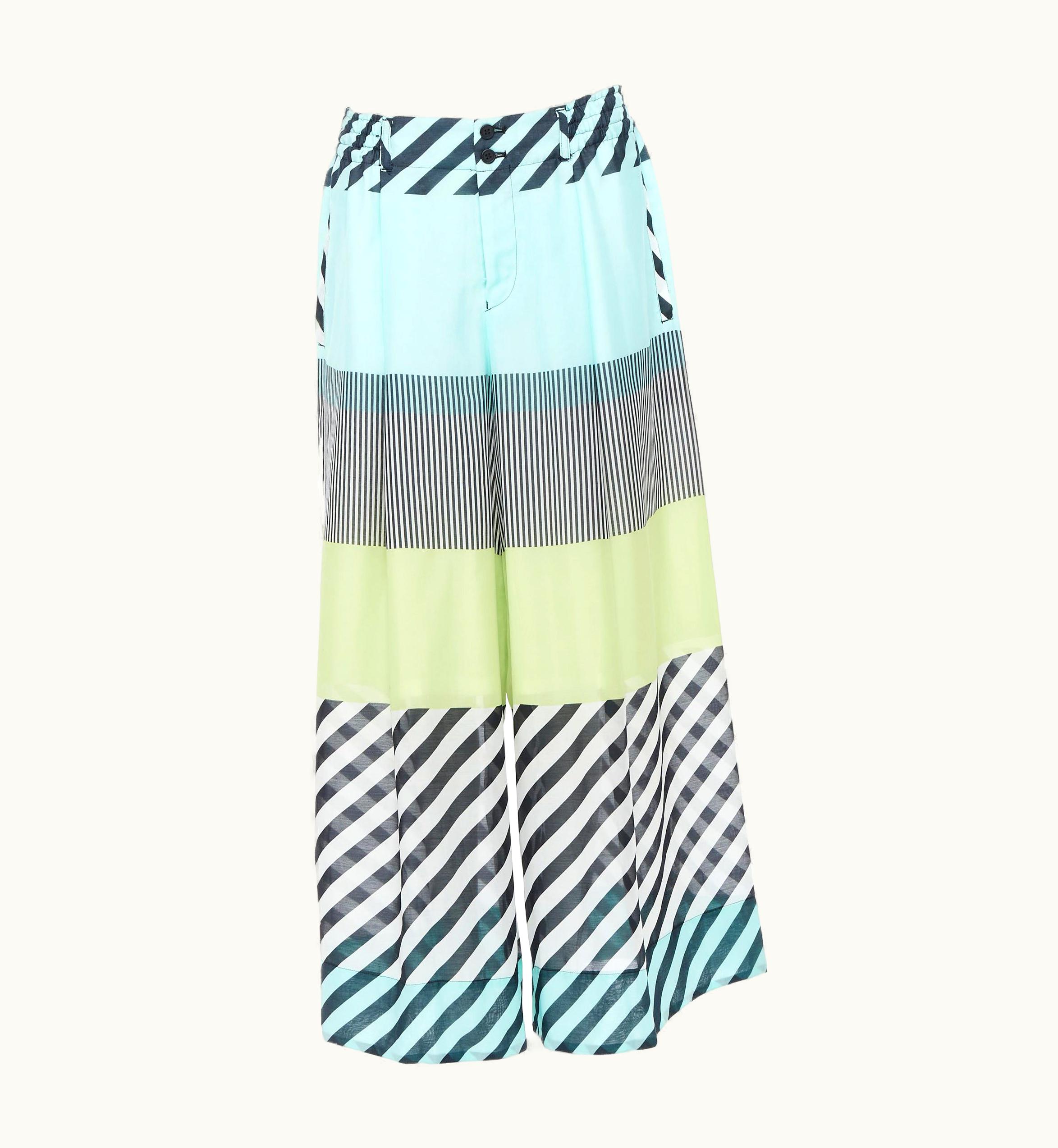 Issey Miyake Issey Miyake Blue Green Stripe Colorblocked Polyester Wide Leg Summer Pants