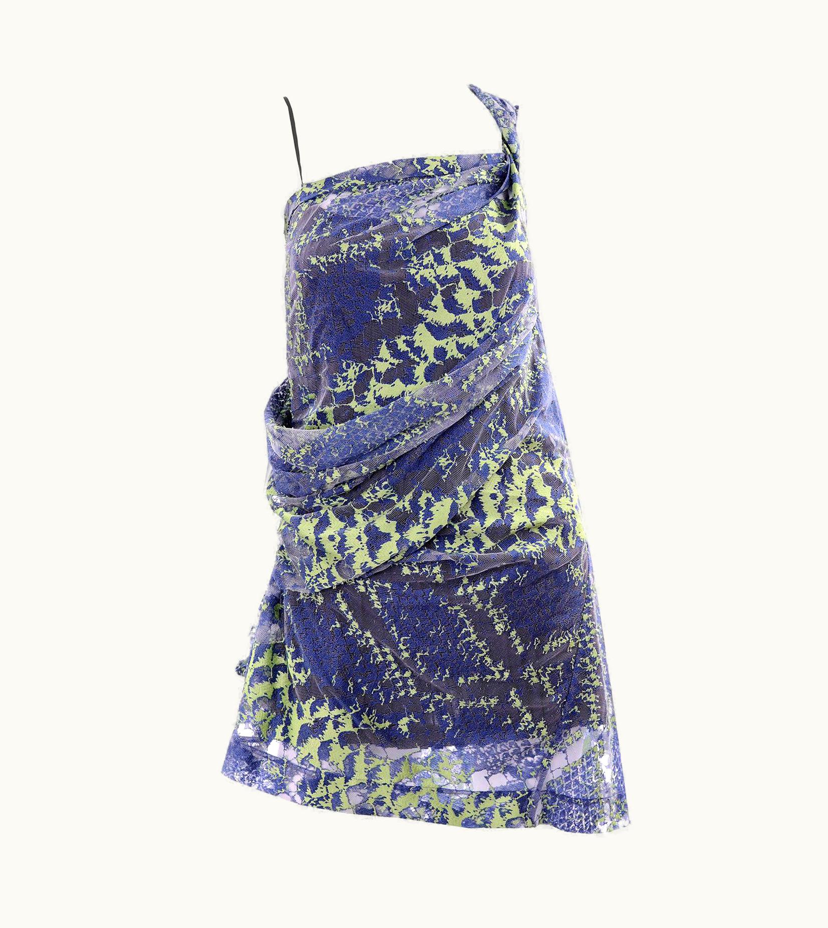 Issey Miyake 1990s Issey Miyake Blue & Green Lace One Shoulder Blouse WS/S Pleated Tank