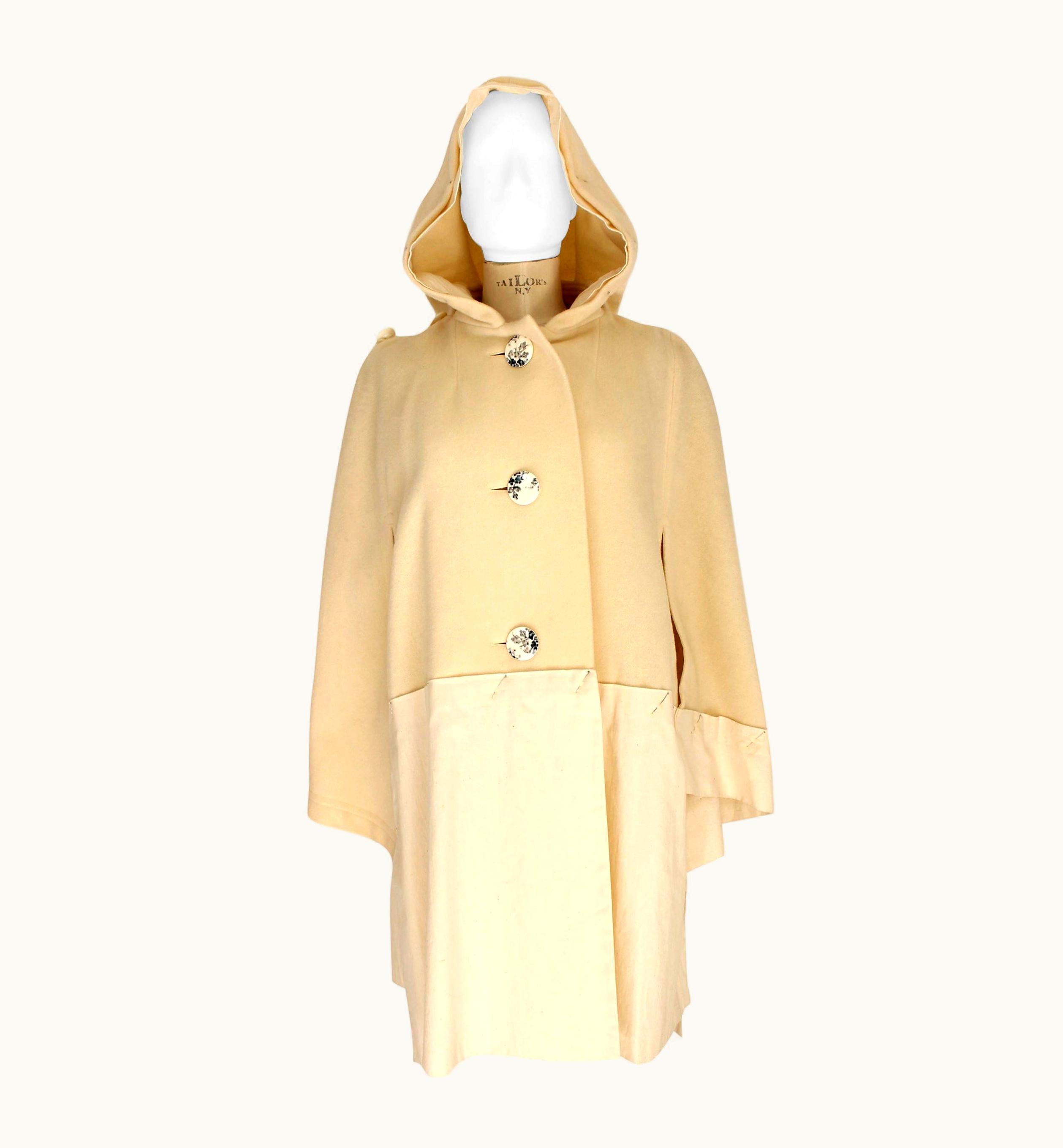 Issey Miyake Issey Miyake Beige Wool Nylon Hood Cape Coat Batwing 1990s Dressmaker Needles
