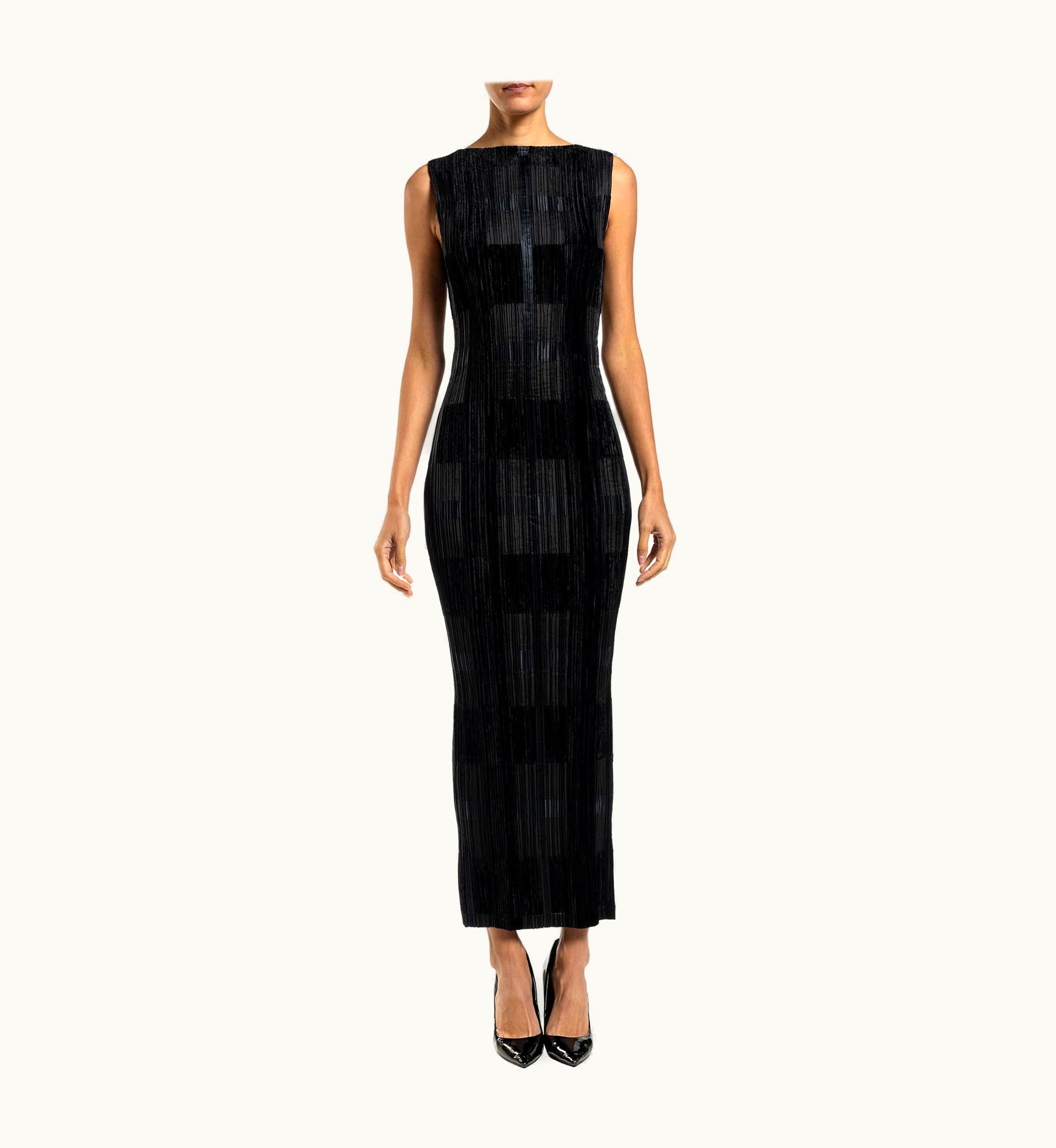 Issey Miyake 1990s Issey Miyake Black Polyester Pleated Velvet Patchwork Gown