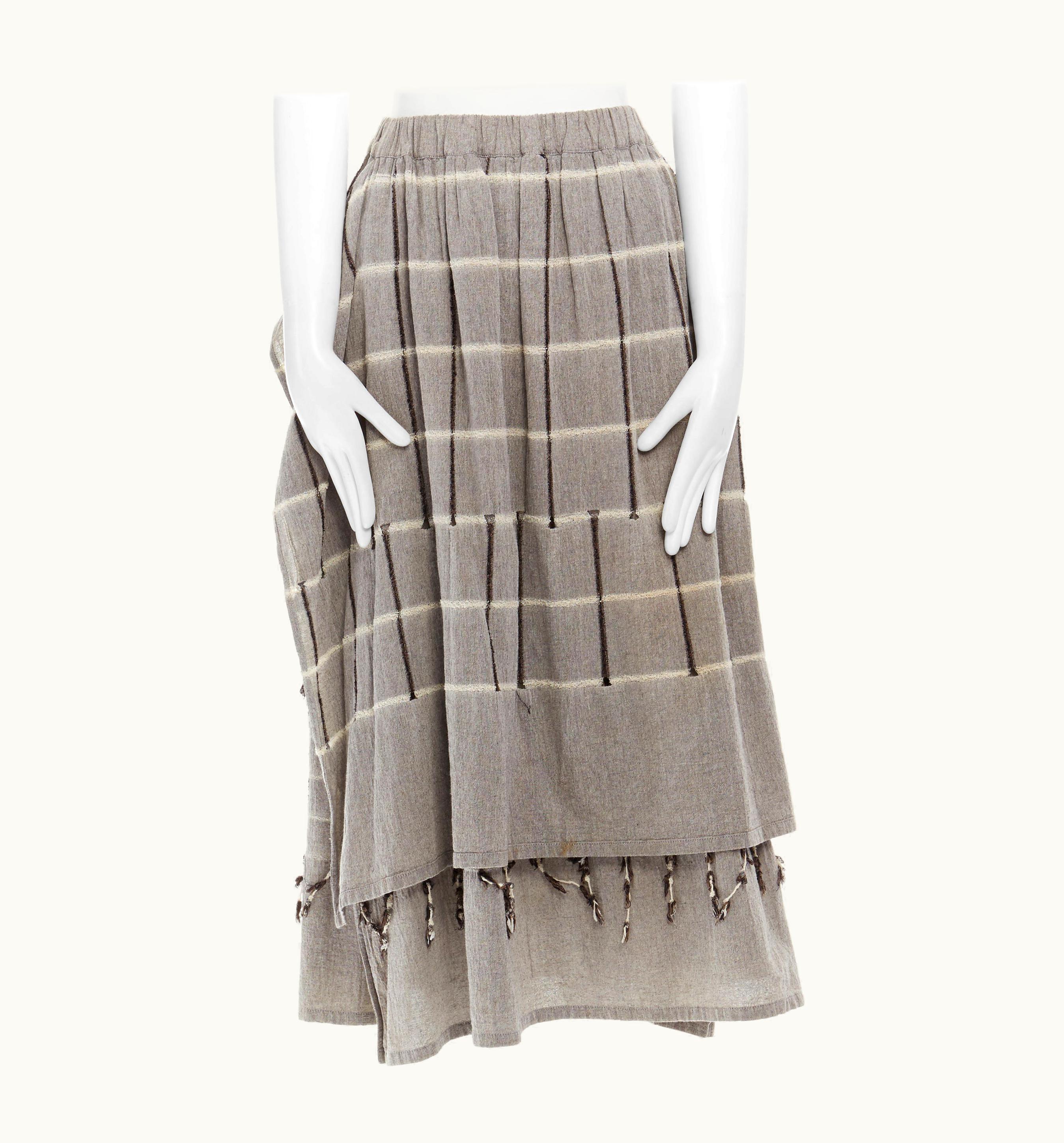 Issey Miyake Vintage Issey Miyake 1980 Light Grey Checked Paneled Side Fringe Layered Skirt