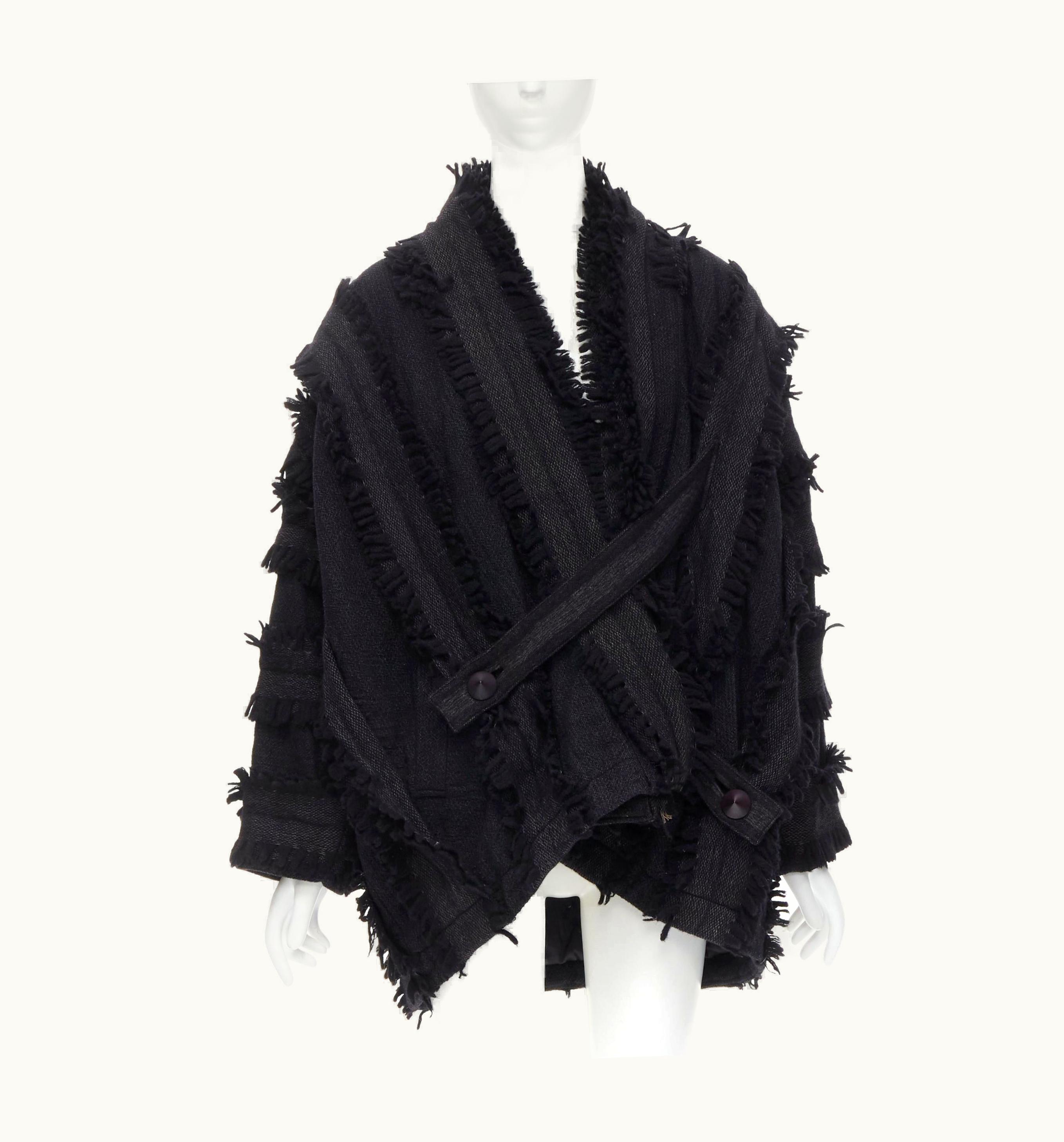 Issey Miyake Vintage Issey Miyake 1980' Grey Wool Fringe Trimmed Oversized Cocoon Coat