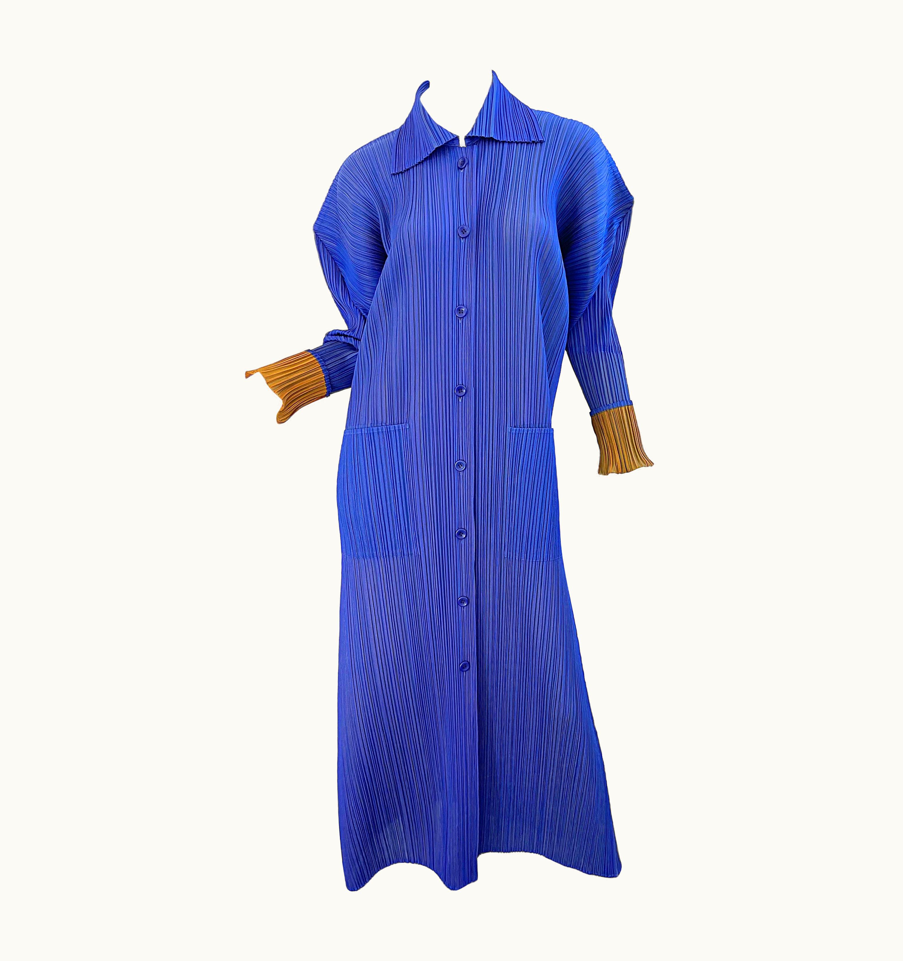 Issey Miyake 1990s Issey Miyake Pleats Please Blue + Marigold Avant Garde Duster Jacket