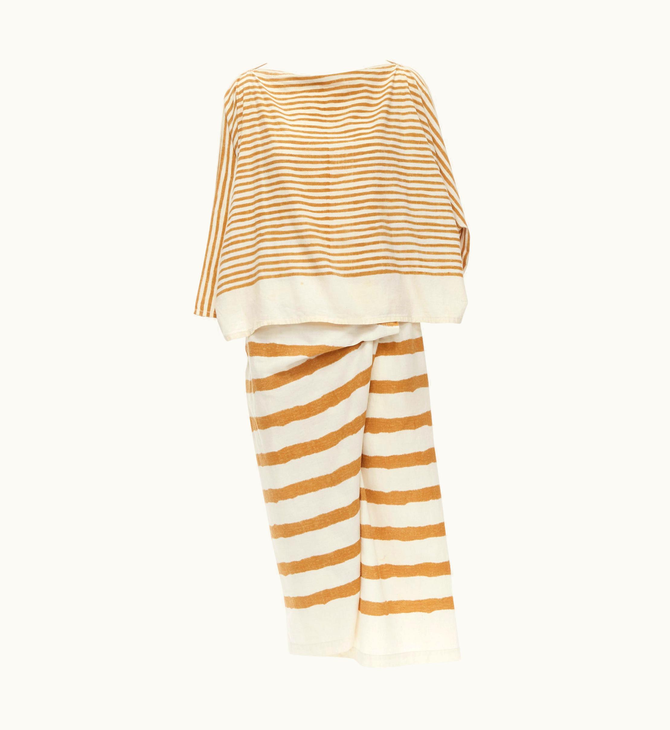 Issey Miyake Issey Miyake 1980' Vintage Beige Yellow Tribal Stripe Boxy Top Skirt Set