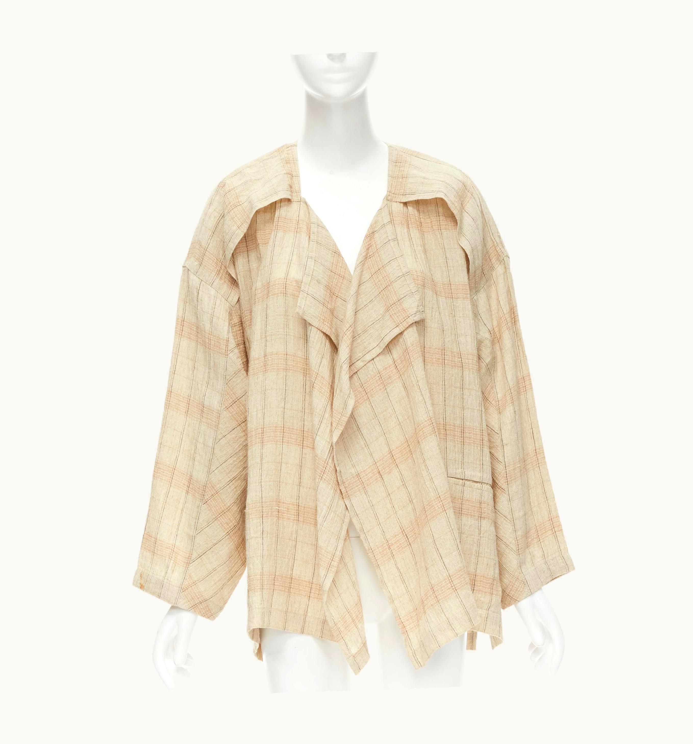 Issey Miyake Issey Miyake Vintage 1980' Beige Check Linen Draped Collar Cocoon Coat