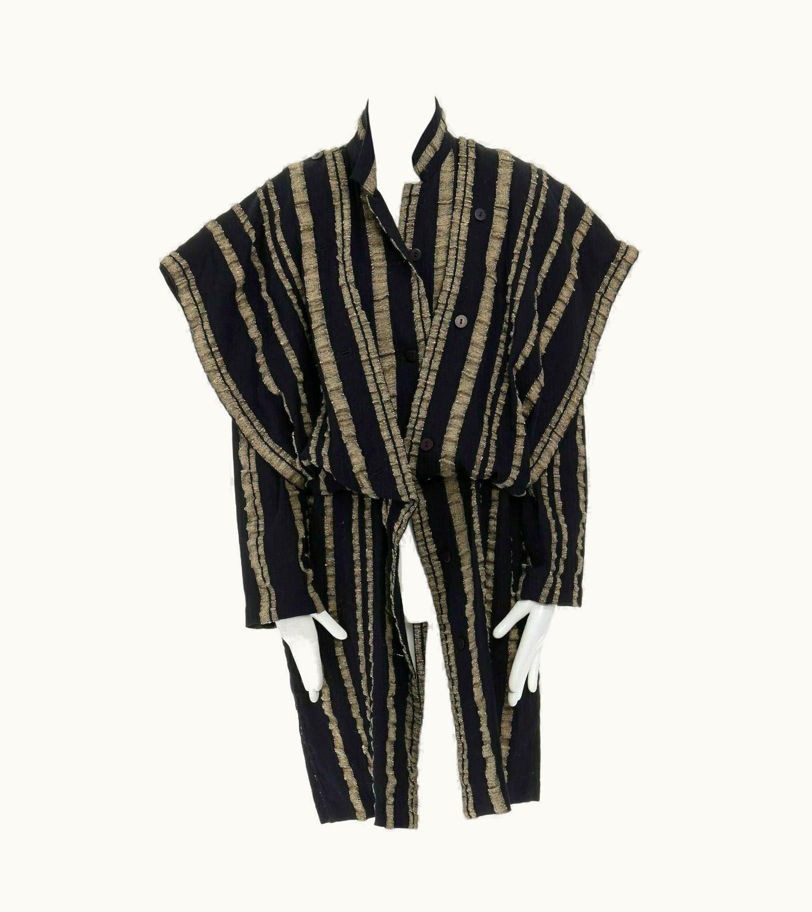 Issey Miyake Issey Miyake Vintage 1980s Black Gold Striped Samurai Shoulder Wool Coat