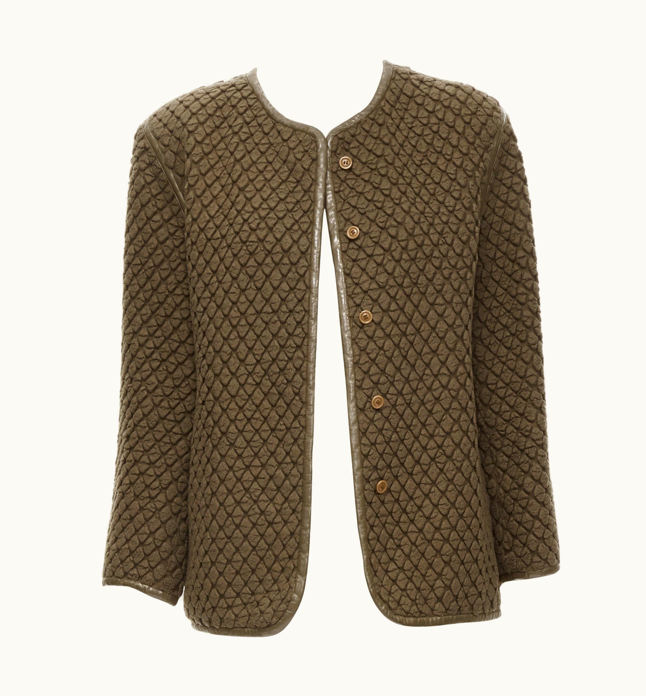 Issey Miyake Vintage Issey Miyake 1980' Brown Waffle Textured Cloque Leather Trim Jacket