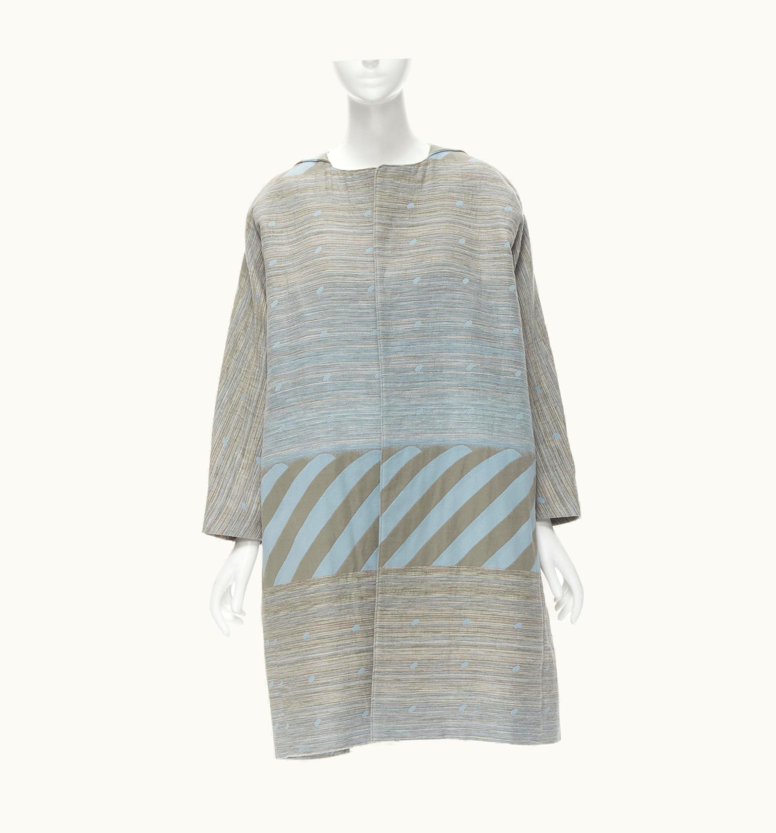 Issey Miyake Vintage Issey Miyake 1980' Grey Sky Blue Geometric Stripe Jacquard Cocoon Coat