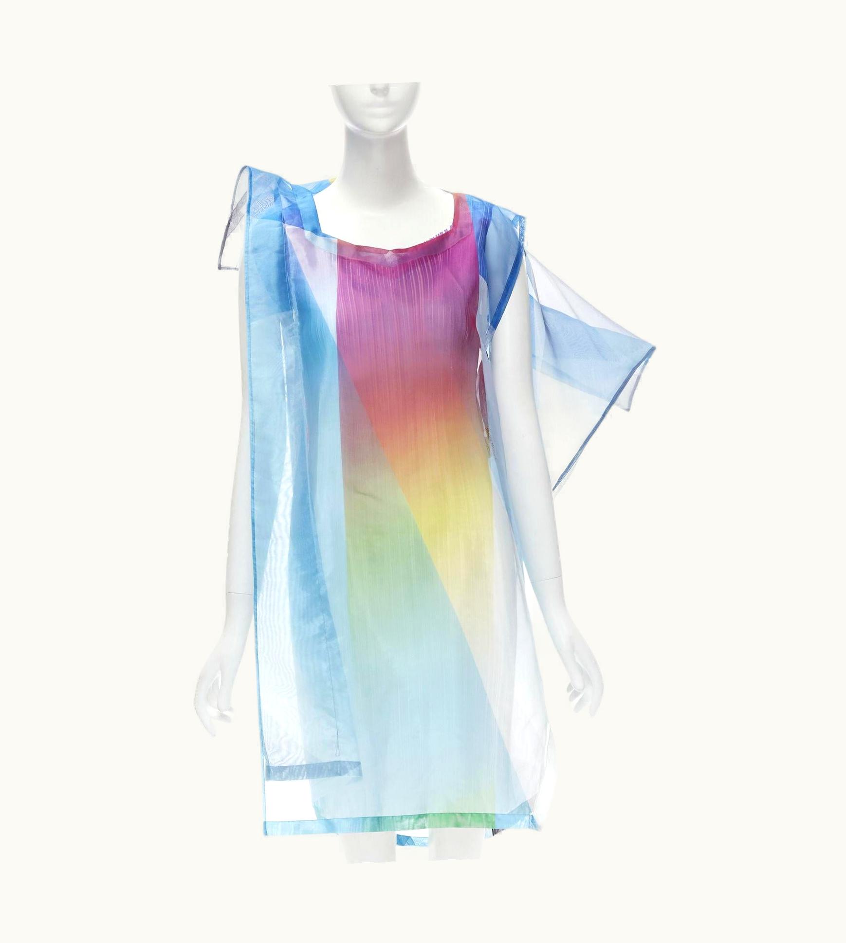 Issey Miyake Issey Miyake Pleated Slip Dress Sheer Polyester Rainbow Cape Layered Dress Jp2