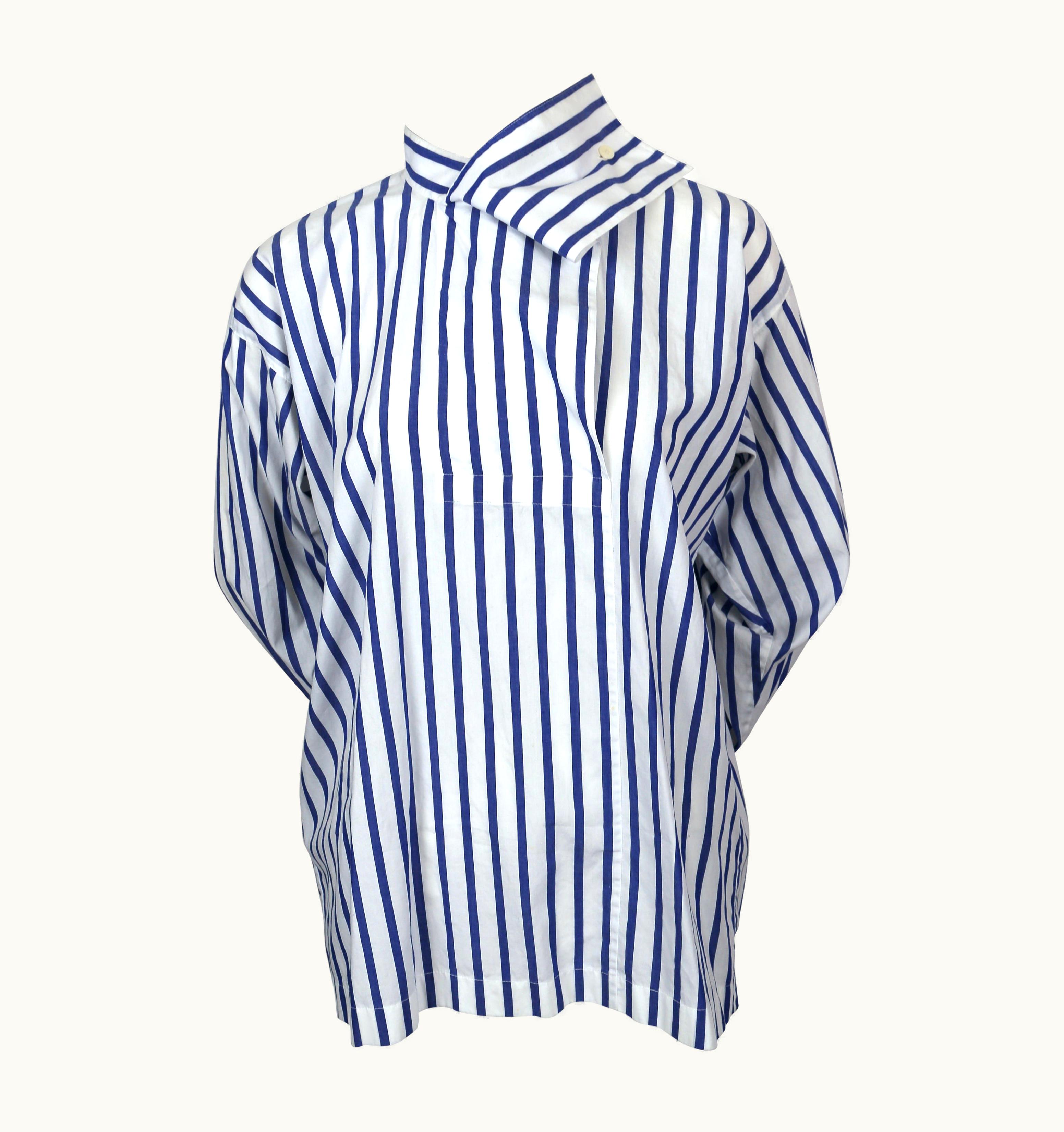 Issey Miyake 1980' Issey Miyake Blue And White Striped Cotton Shirt With Draped Neckline