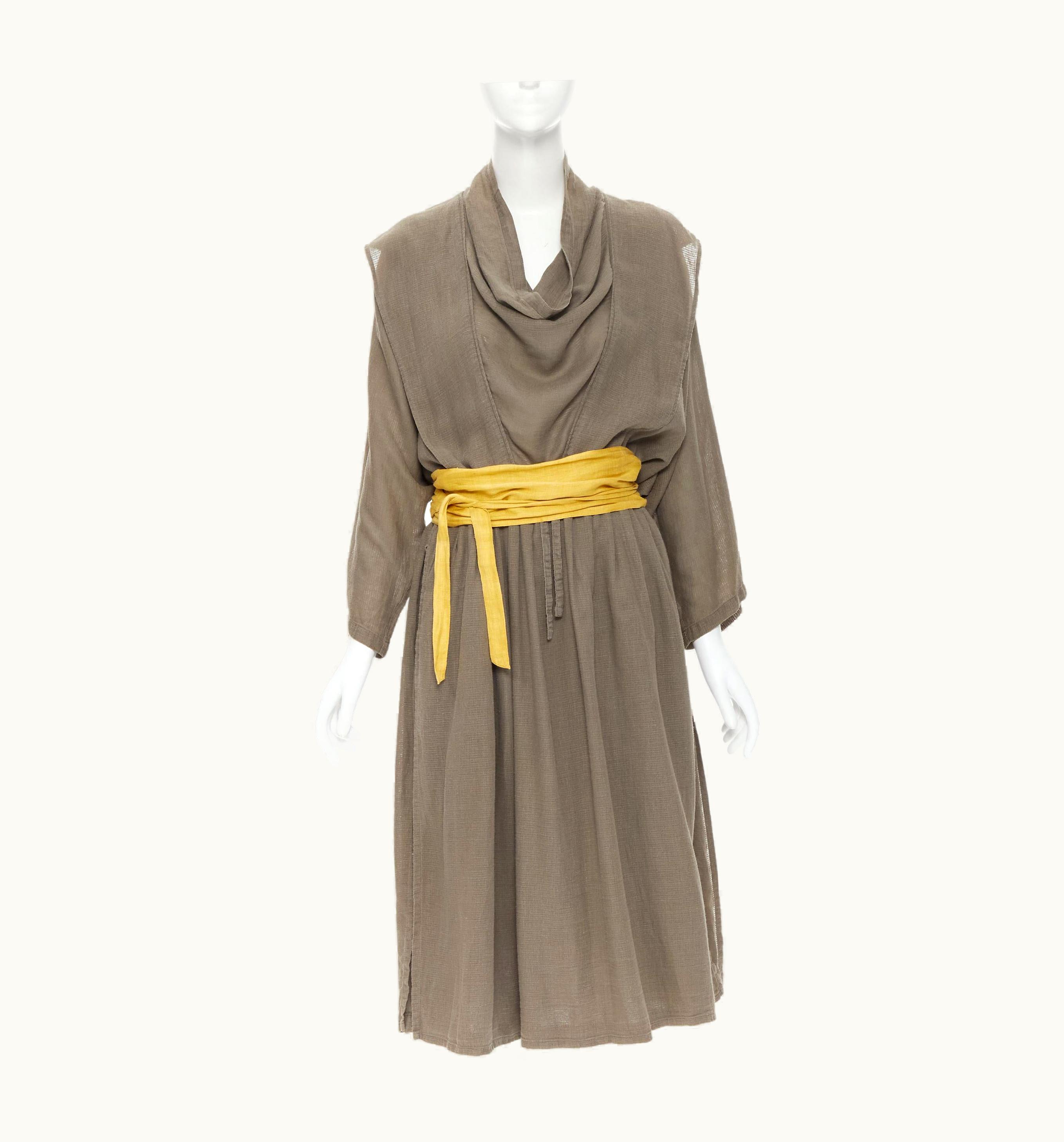 Issey Miyake Vintage Issey Miyake 1980' Beige Linen Yellow Obi Belt Cowl Neck Dress Rare