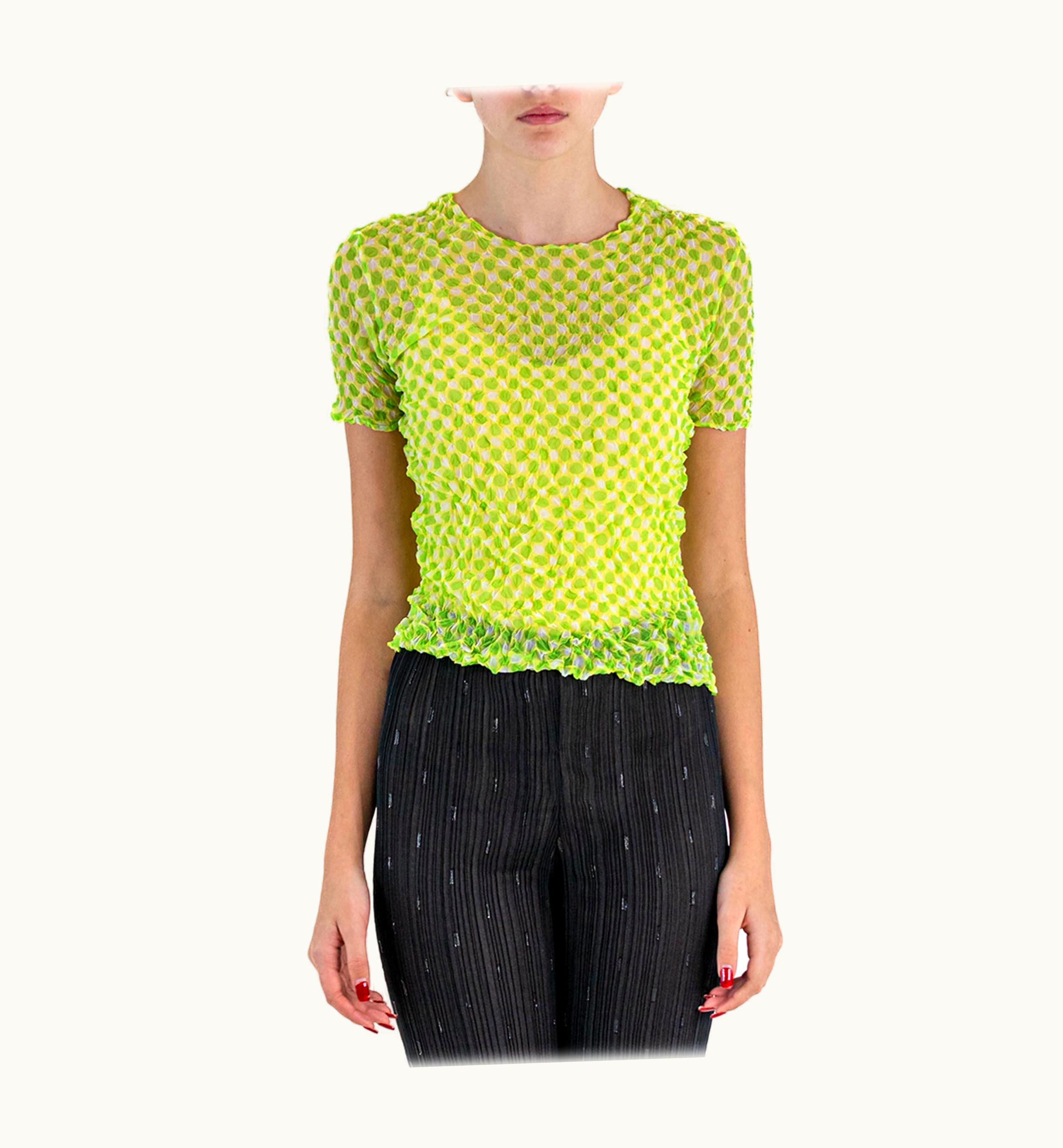 Issey Miyake 1990s Issey Miyake Lime Green Sheer Polyester Shrink Wrap Top With Polka Dots