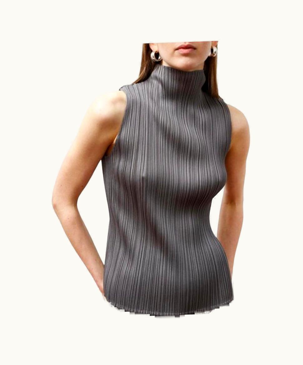 Issey Miyake Issey Miyake Pleats Please Dark Grey No. 19, Mock Neck Sleeveless Top