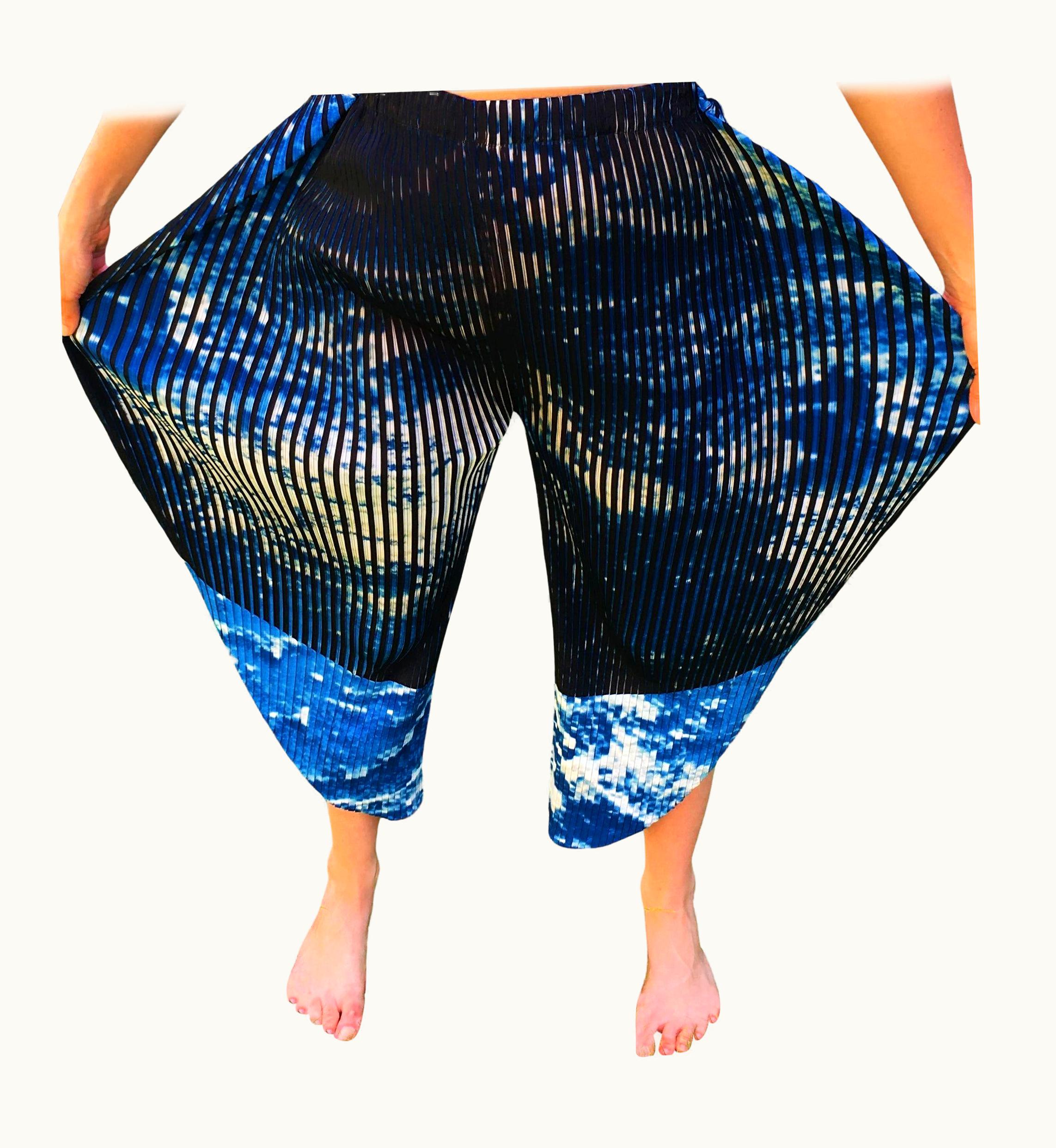 Issey Miyake Issey Miykae Runway Catwalk Vintage Blue Black Cloud Sky Pleated Trousers Pants