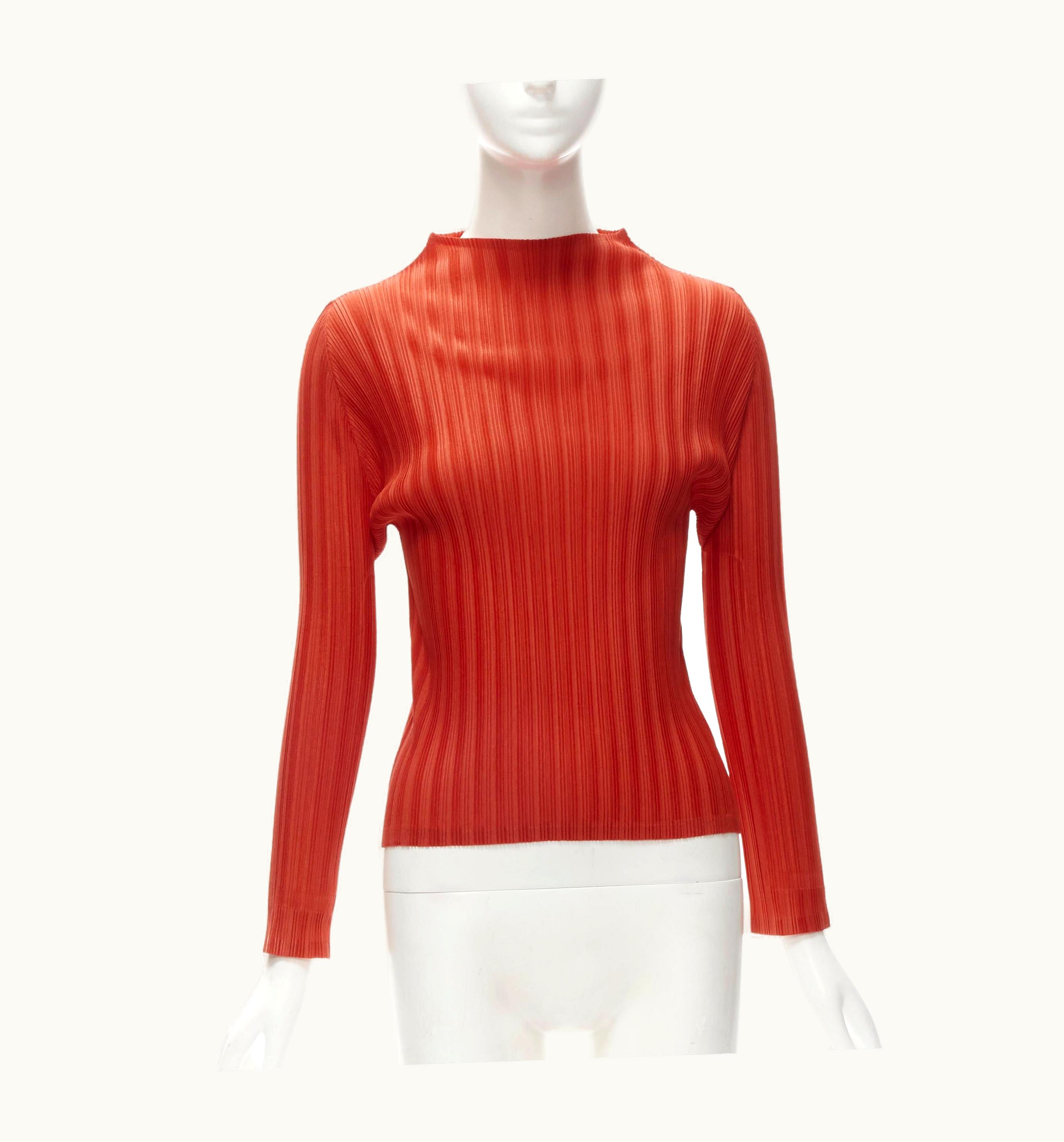 Issey Miyake Pleats Please Issey Miyake Burnt Orange Pleated Plisse Mock Collar Top Jp3