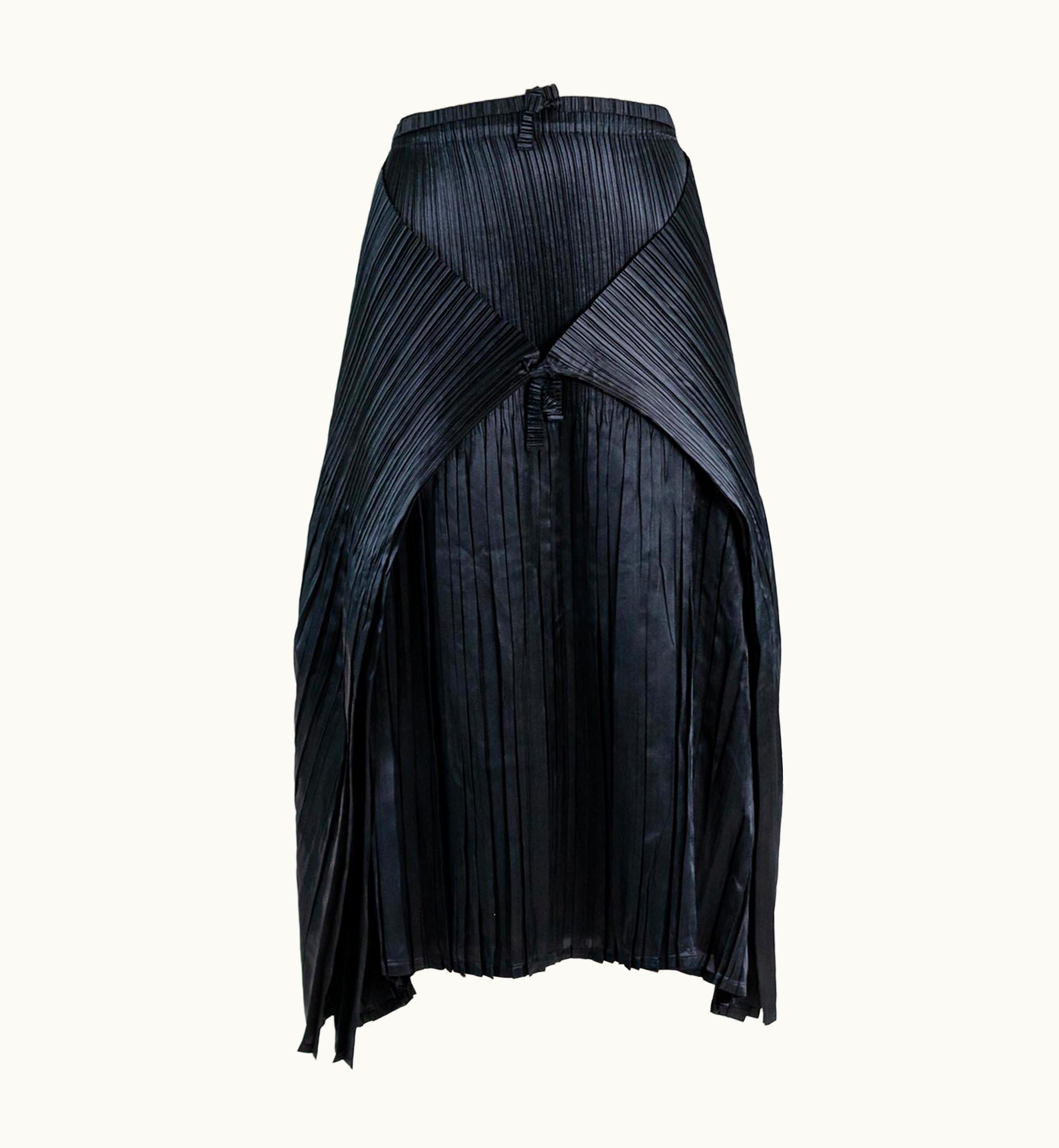 Issey Miyake 1990s Issey Miyake Black Polyester Satin Pleated Tie Wrap Skirt