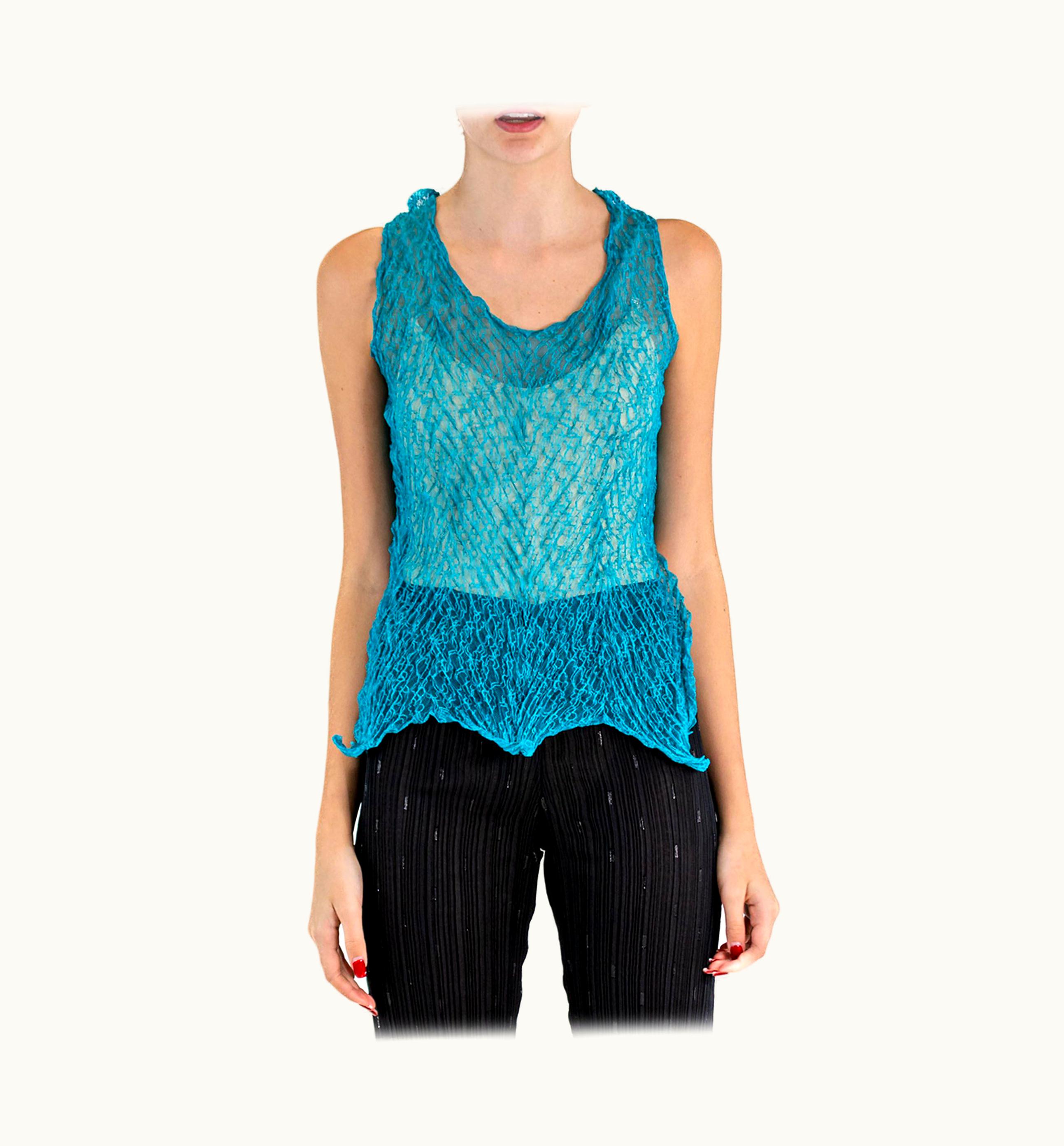 Issey Miyake 1990s Issey Miyake Teal Sheer Polyester Lace Crinkle Tank Top