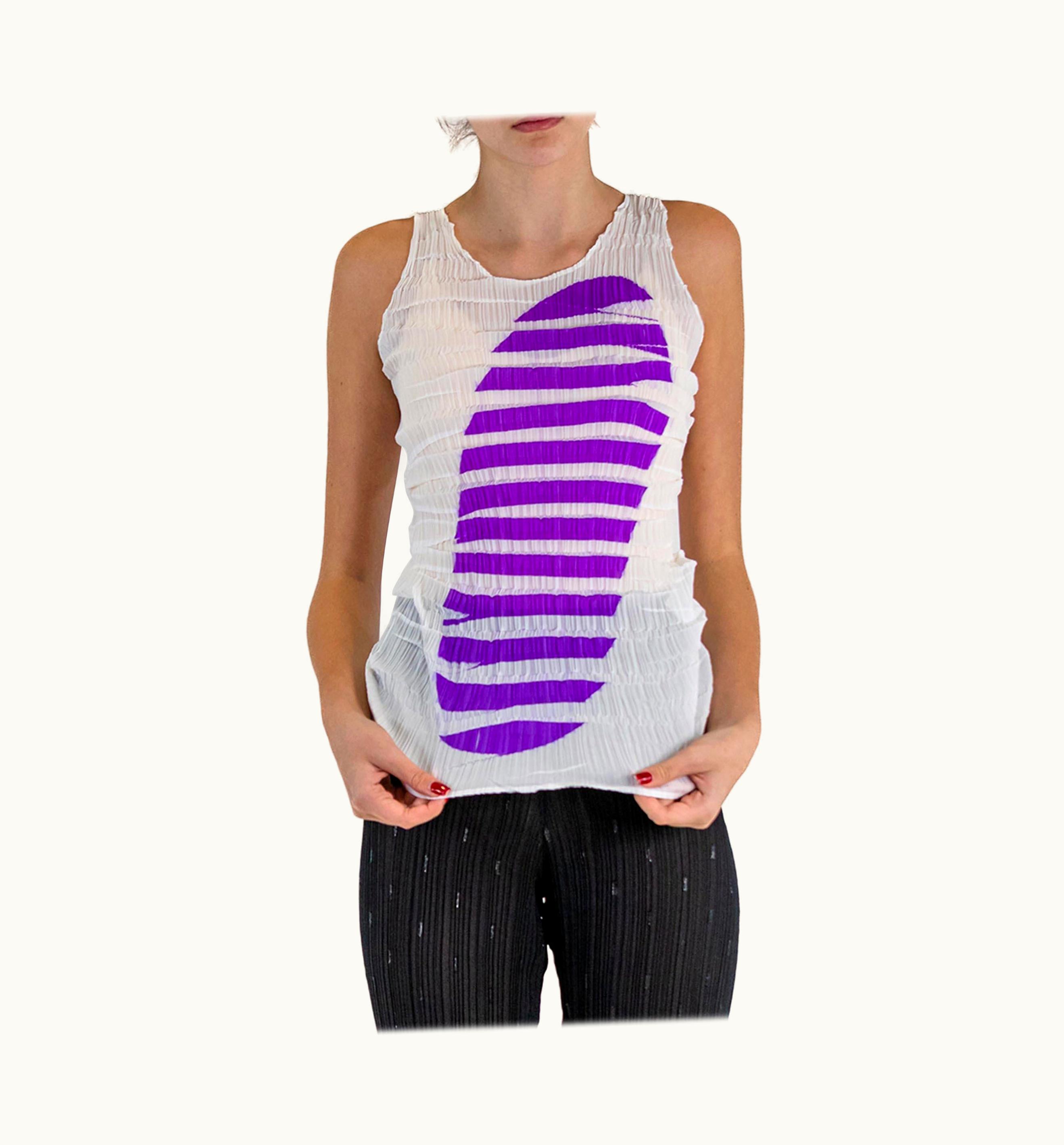 Issey Miyake 1990s Issey Miyake White Pleated Polyester Top With Printed Purple Shape