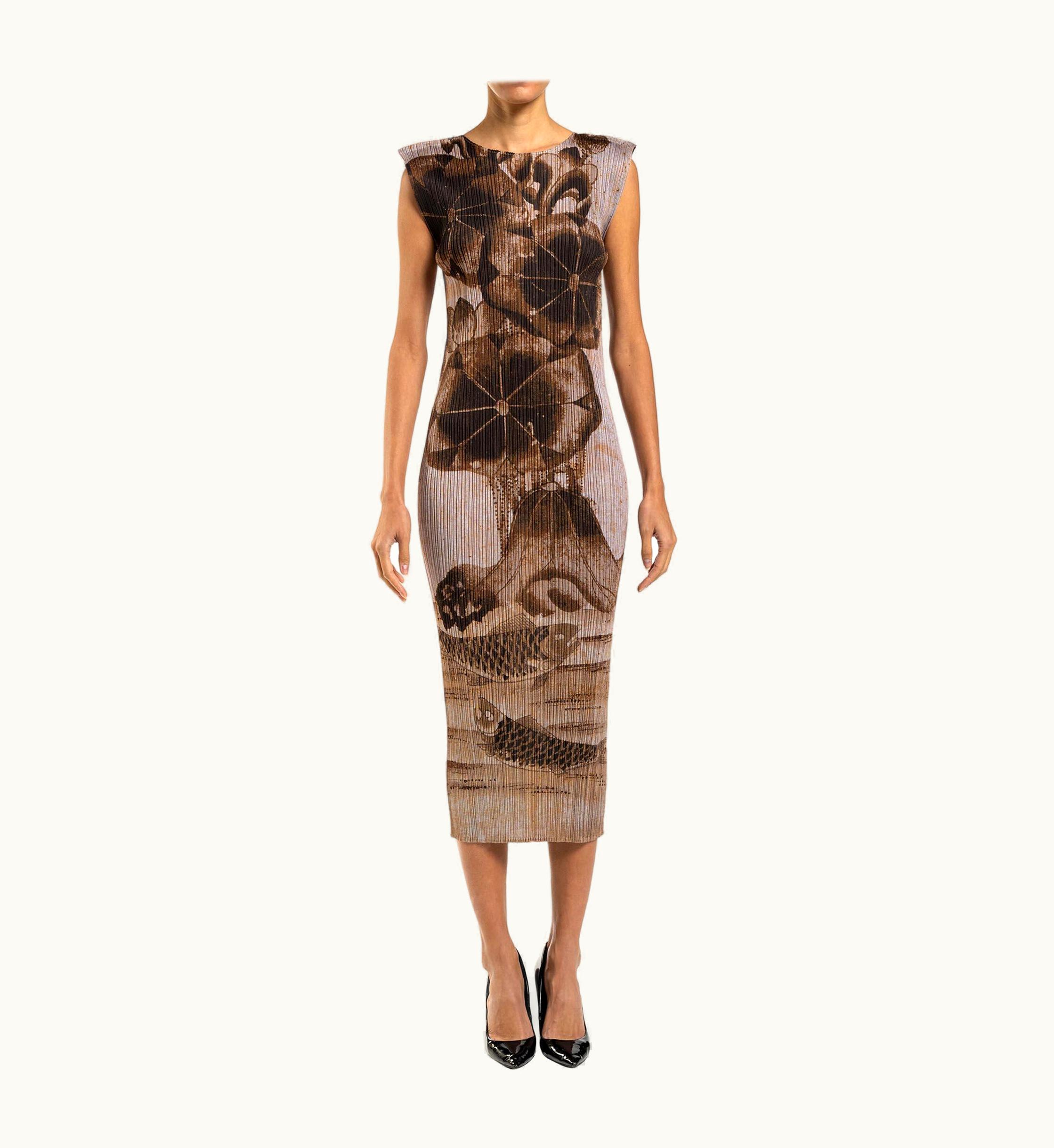 Issey Miyake 1990s Pleats Please Issey Miyake Tan Brown Polyester Japanese Scenic Print Dres
