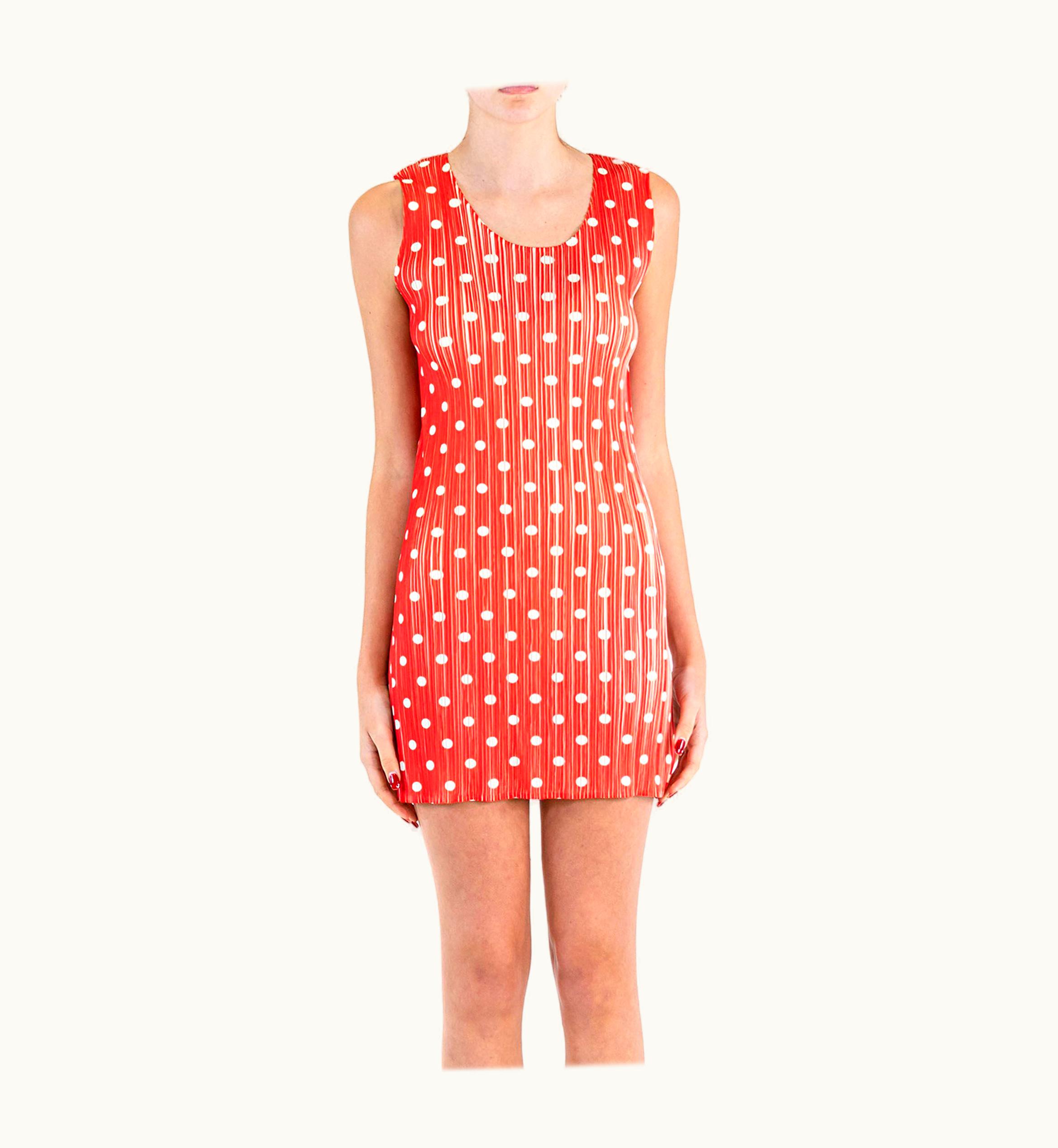 Issey Miyake 1990s Pleats Please Issey Miyake Red & White Pleated Polyester Polka Dot Dress