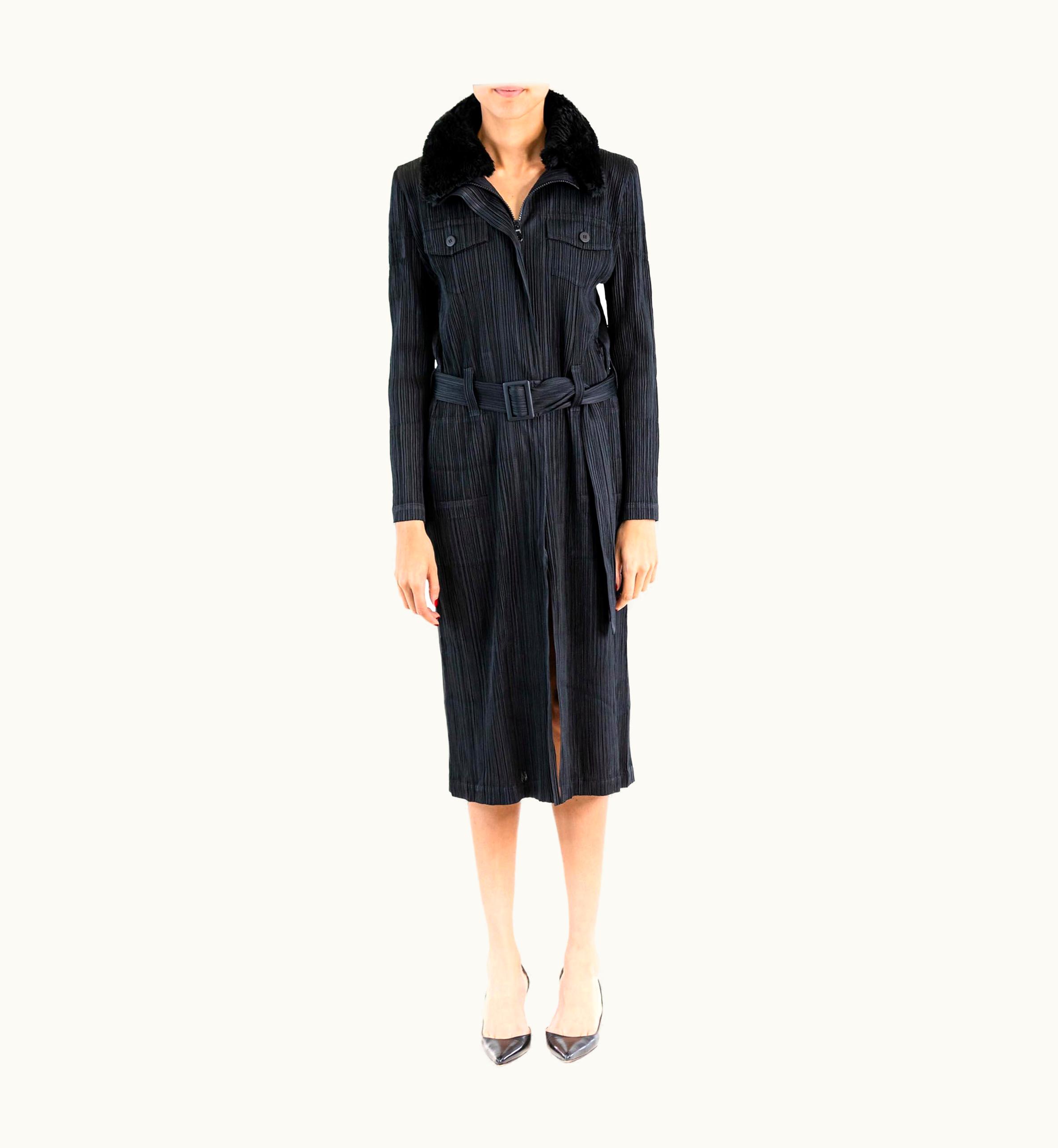 Issey Miyake 2000s Issey Miyake Black Polyester Pleated Long Trench Jacket With Faux Fur Col