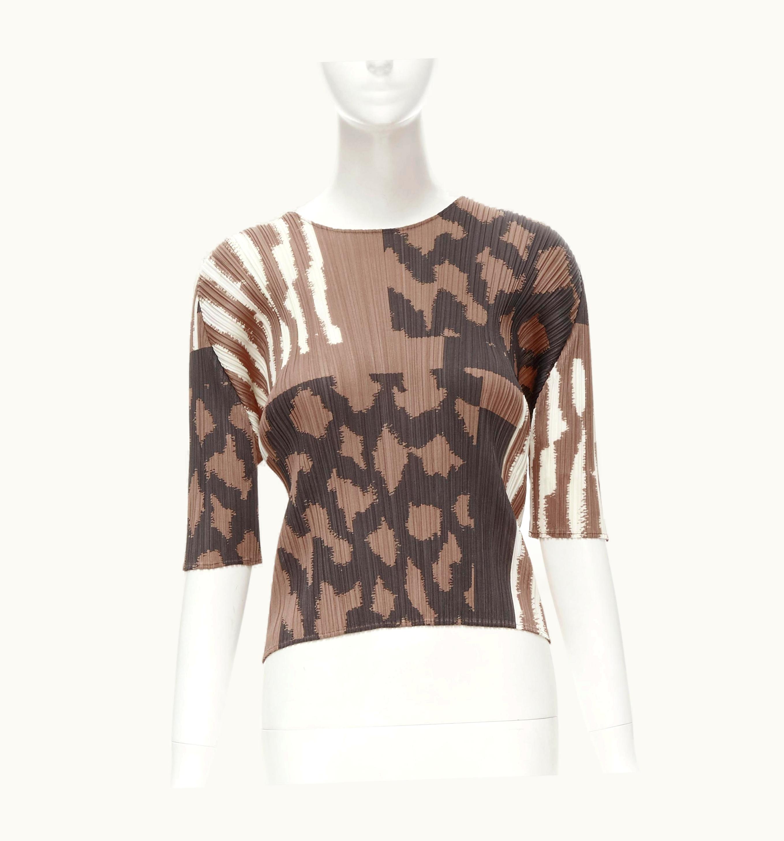 Issey Miyake Issey Miyake Pleats Please Brown Ethnic Abstract Print Plisse Pleated Top