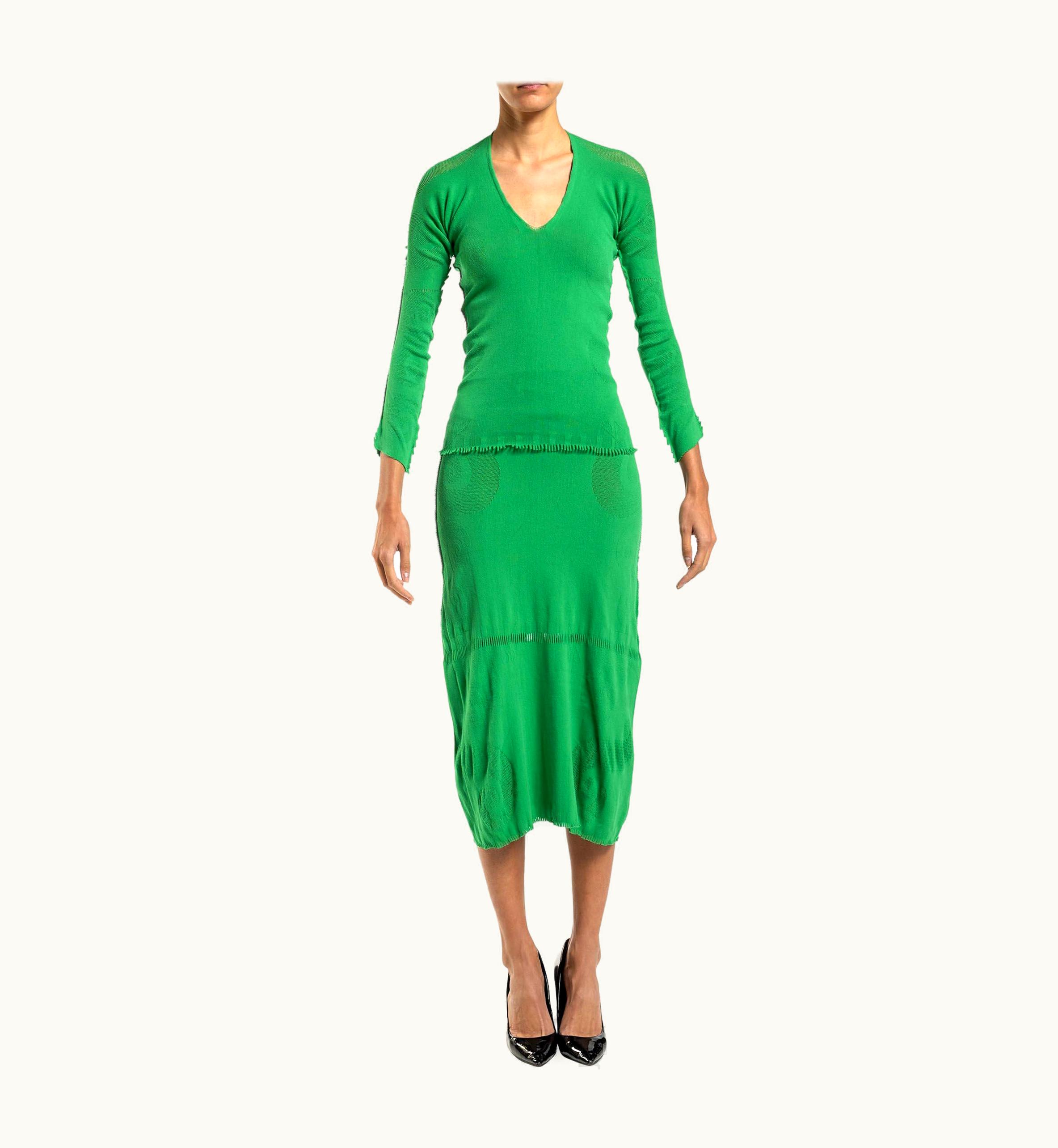 Issey Miyake 1990s A-poc By Issey Miyake Grass Green Poly Blend Knit Top & Skirt Ensemble