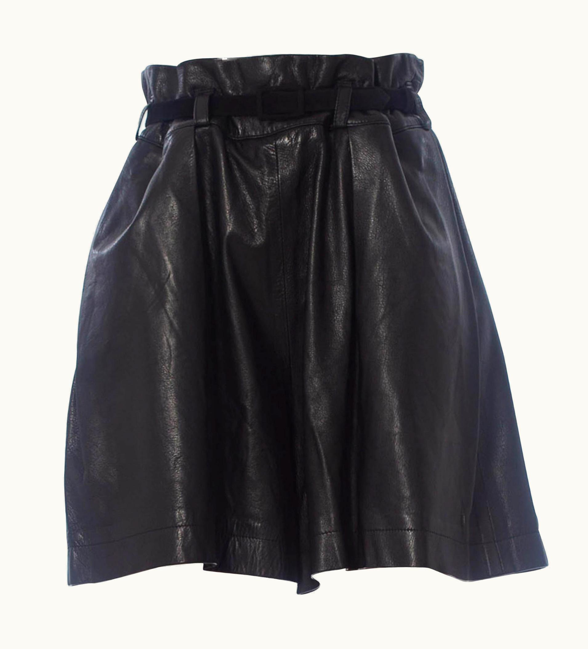 Issey Miyake 1990' Issey Miyake Black Leather Pleated Paper Bag Waist Shorts