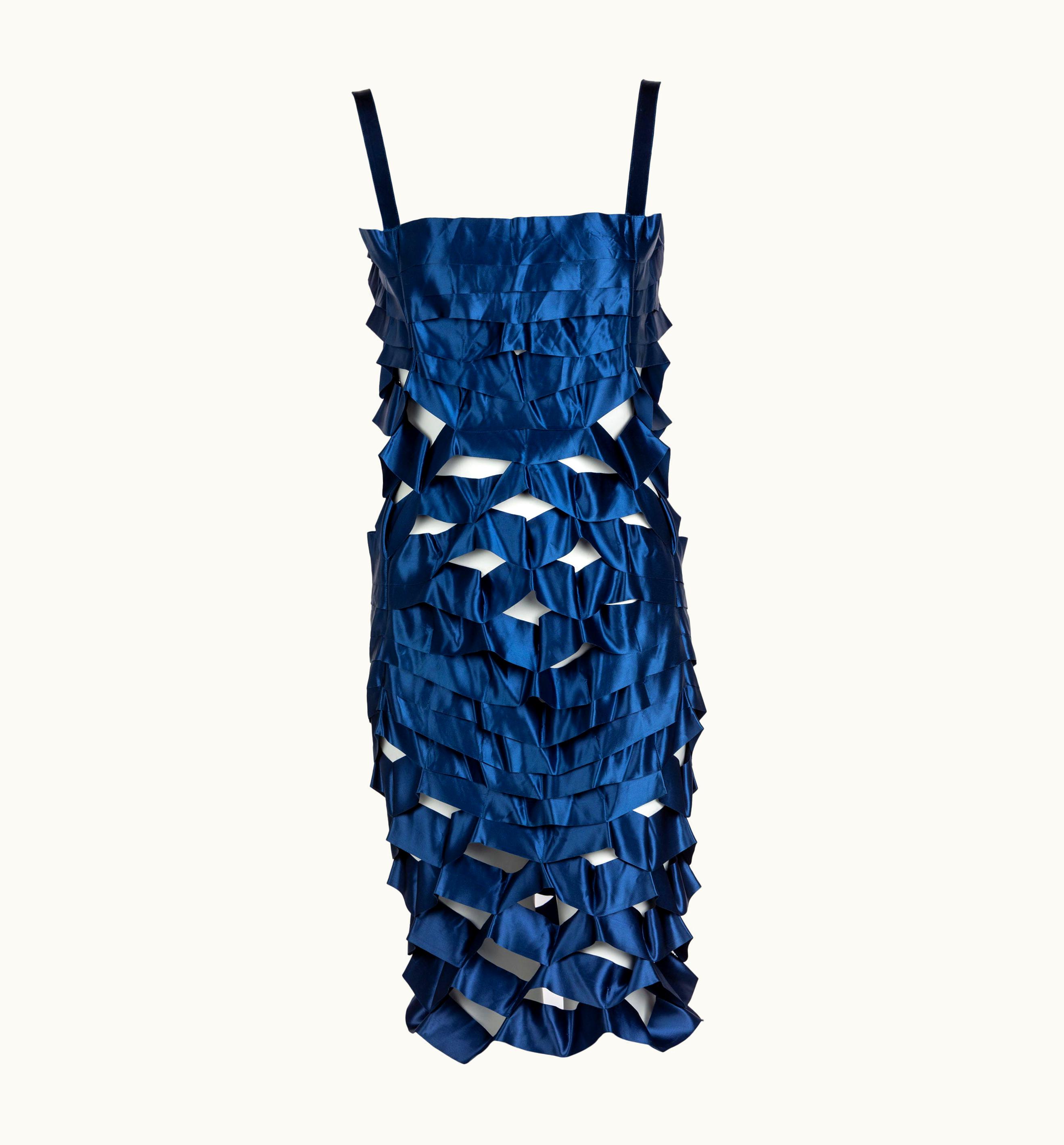 Issey Miyake Vintage Issey Miyake Sapphire Blue Satin Ribbon Cage Dress, 1990s