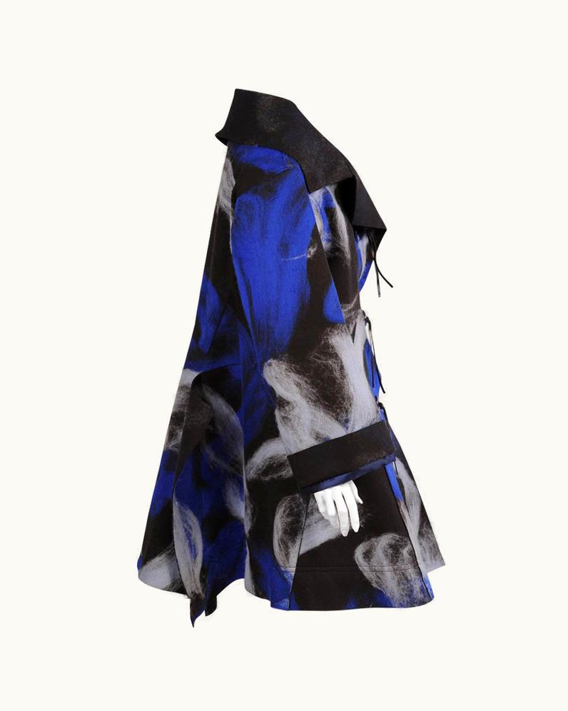 Issey Miyake Issey Miyake Felted Black Coat With Blue And Grey Brushstroke Designs