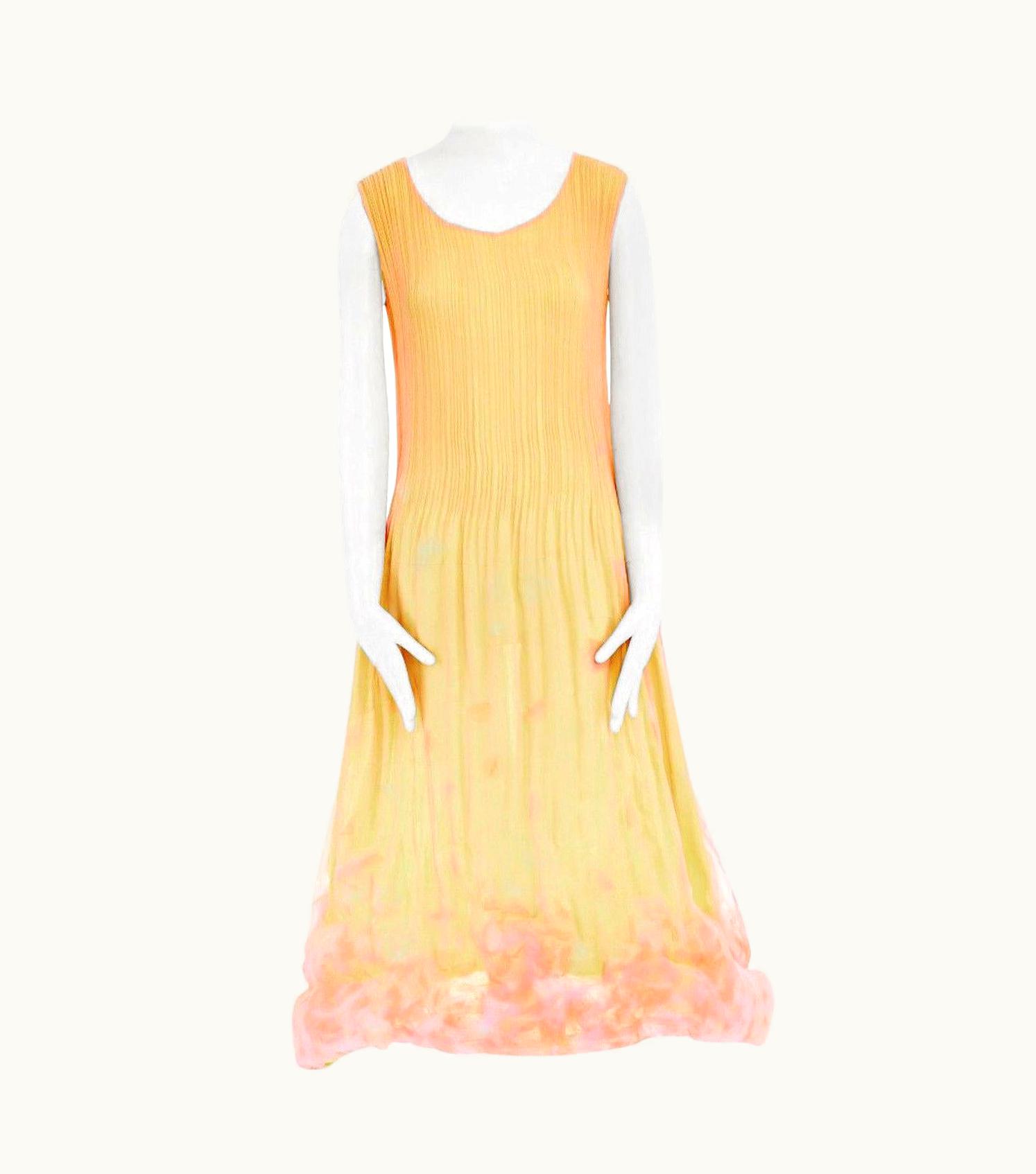 Issey Miyake Runway Issey Miyake Vintage S/S Pleated Orange Pink Silk Confetti Bubble Dress