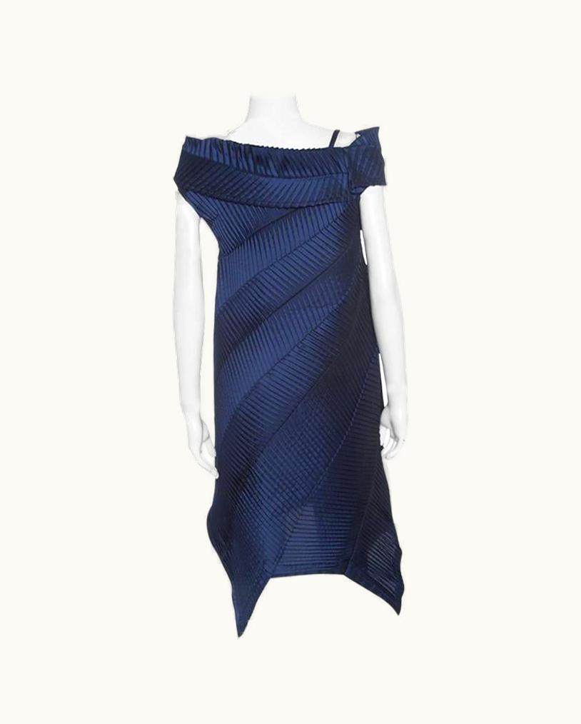 Issey Miyake Issey Miyake Navy Blue Pleated Boat Neck Asymmetric Dress UZ0597763