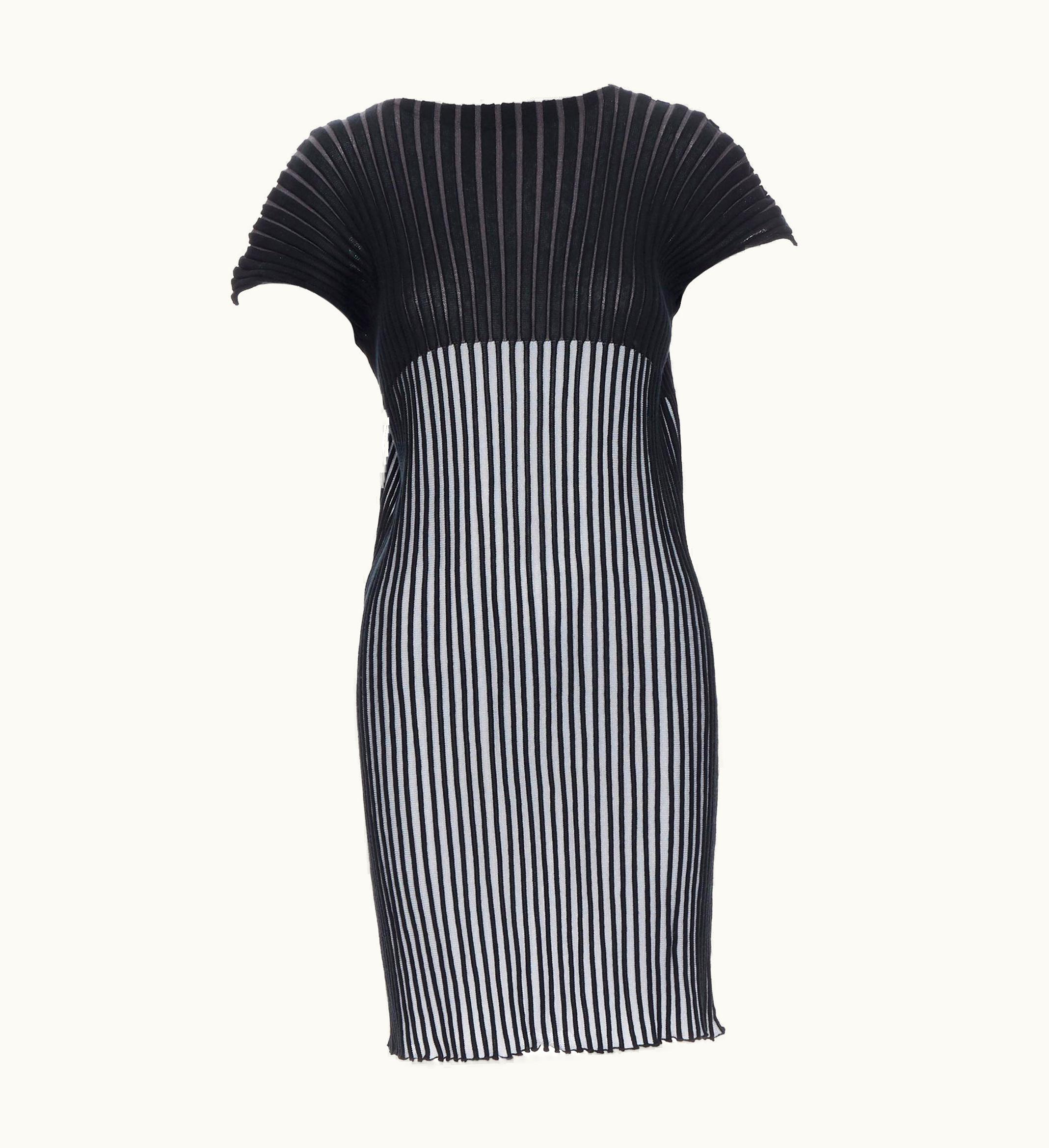 Issey Miyake Issey Miyake Black Grey Ribbed Knitted Cap Sleeve Stretch Mini Dress Jp2