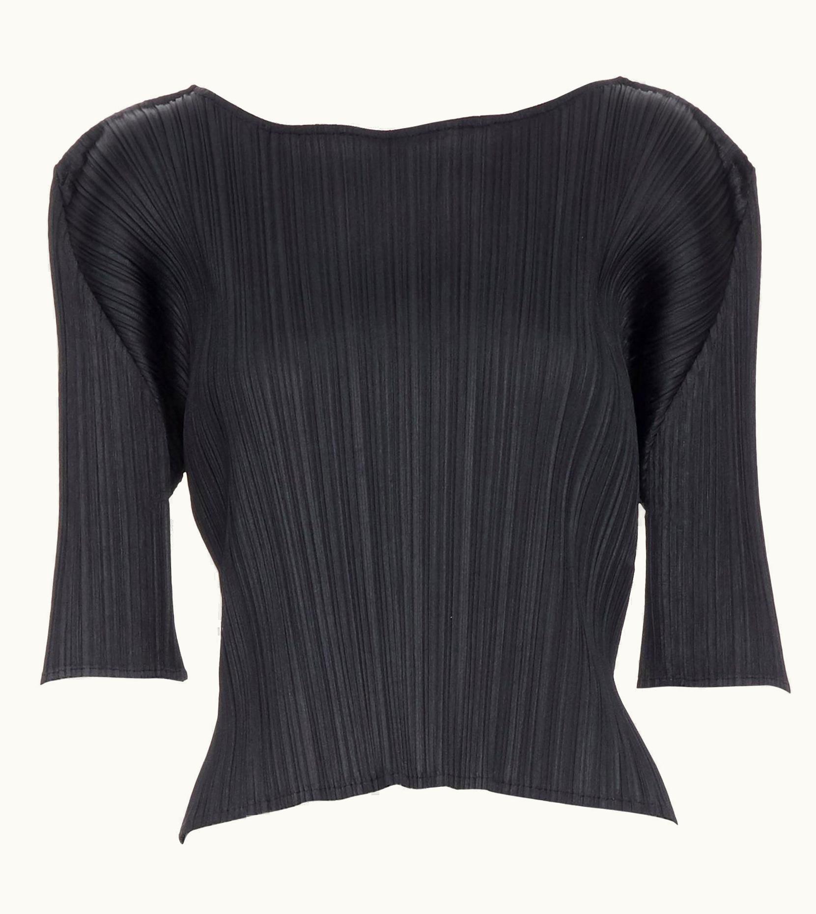 Issey Miyake Pleats Please Issey Miyake Black Micropleated Boat Neck Short Sleeve Crop Top