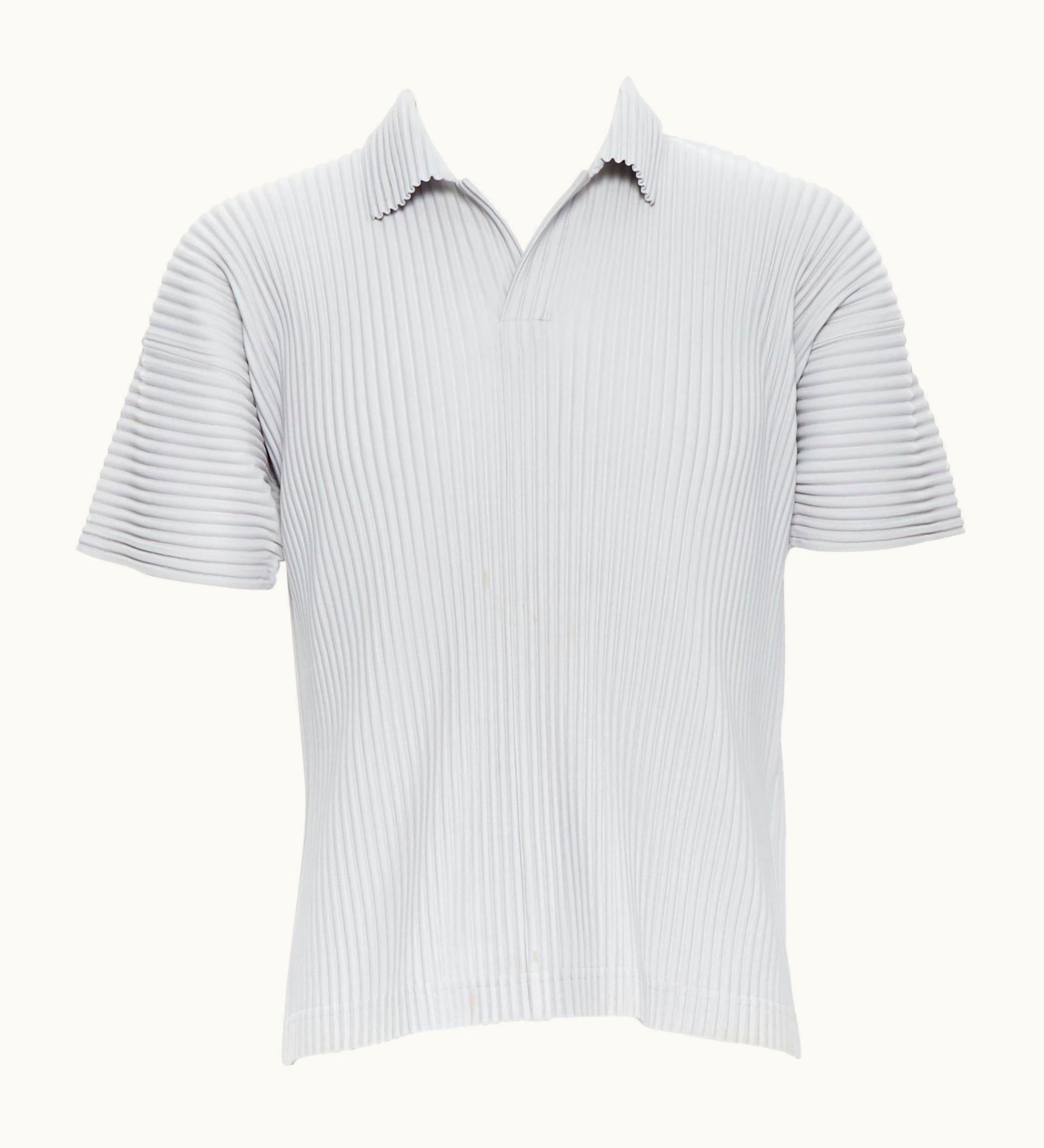 Issey Miyake Issey Miyake Homme Plisse Grey Pleated Spread Collar Short Sleeve Polo Top Jp2