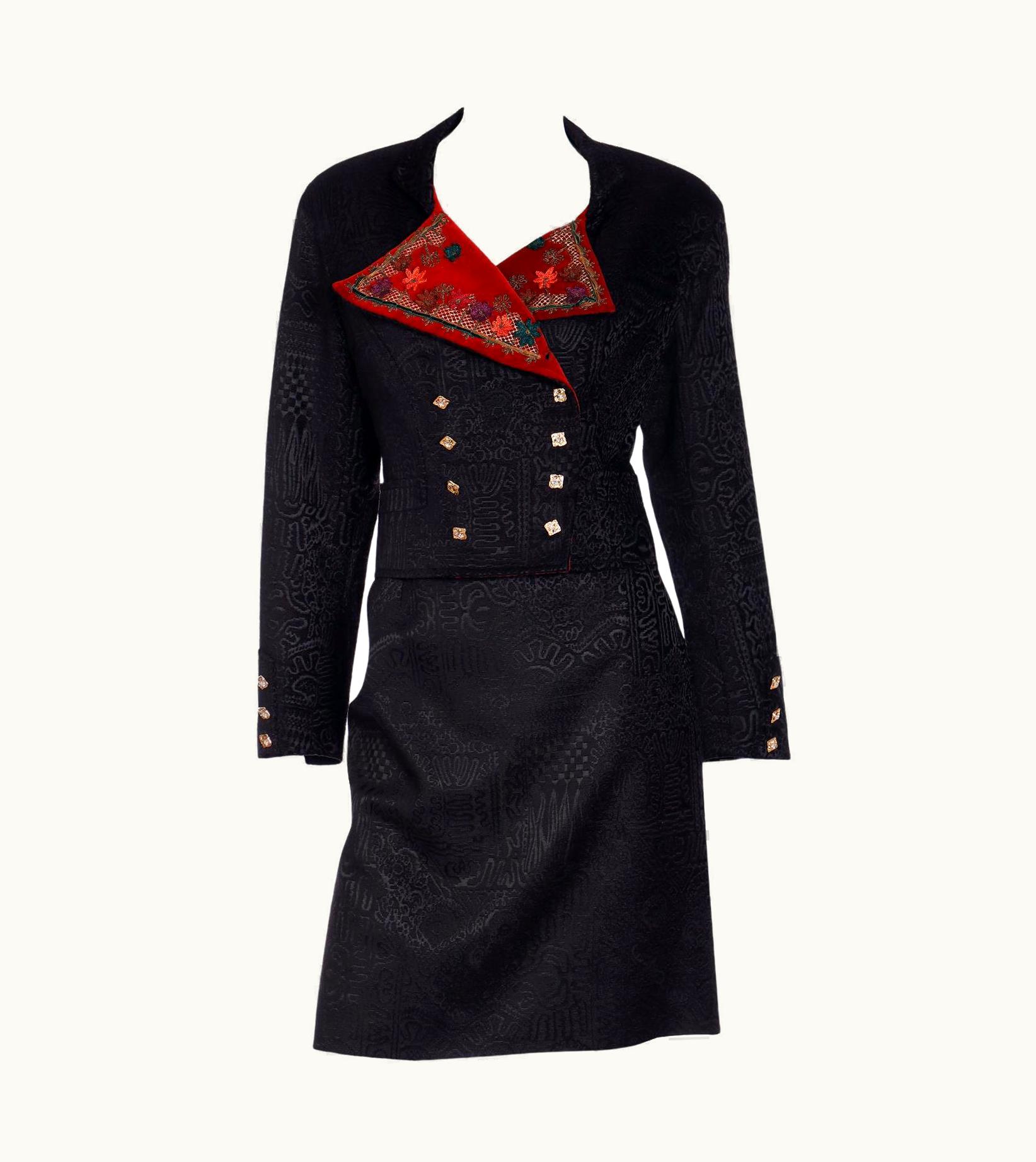 Christian Lacroix 1994 Christian Lacroix Runway Black Patterned Velvet Jacket W Applique & Skirt