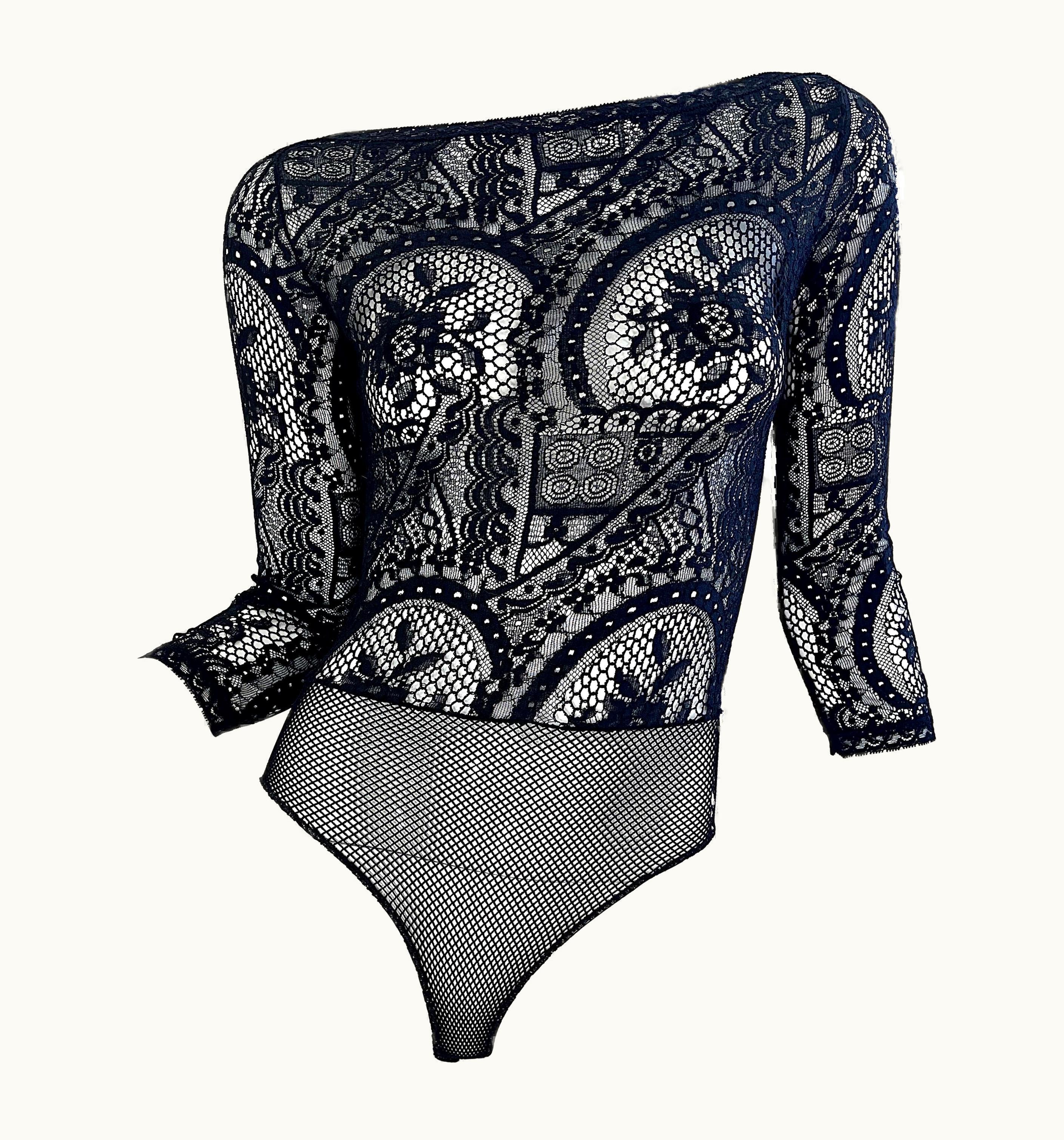 Christian Lacroix 1980s Christian Lacroix Black Sheer Crochet Lace Vintage 80s One Piece Bodysuit