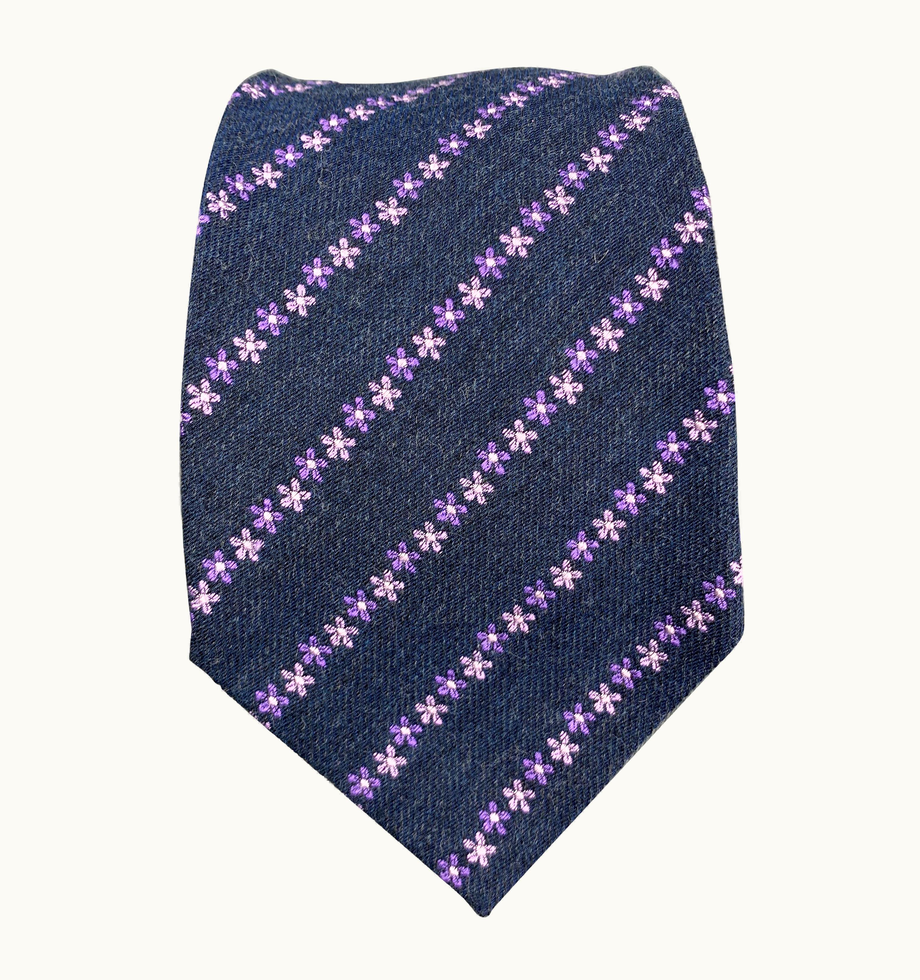 Christian Lacroix Christian Lacroix Navy & Purple Floral Stripe Silk S/S Wool Tie