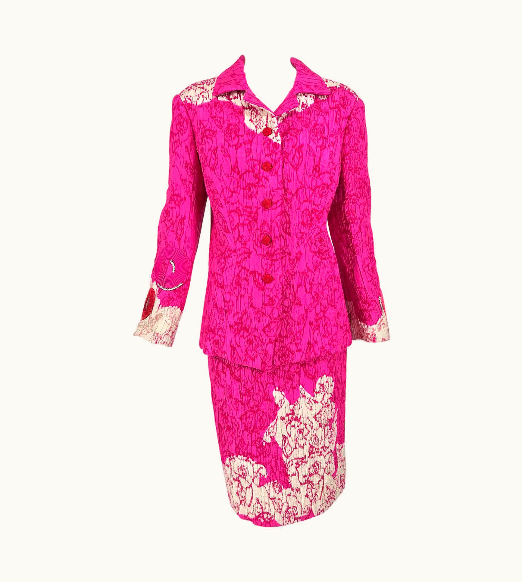Christian Lacroix Christian Lacroix Pink Embroidered Silk Applique Skirt Suit 1990s