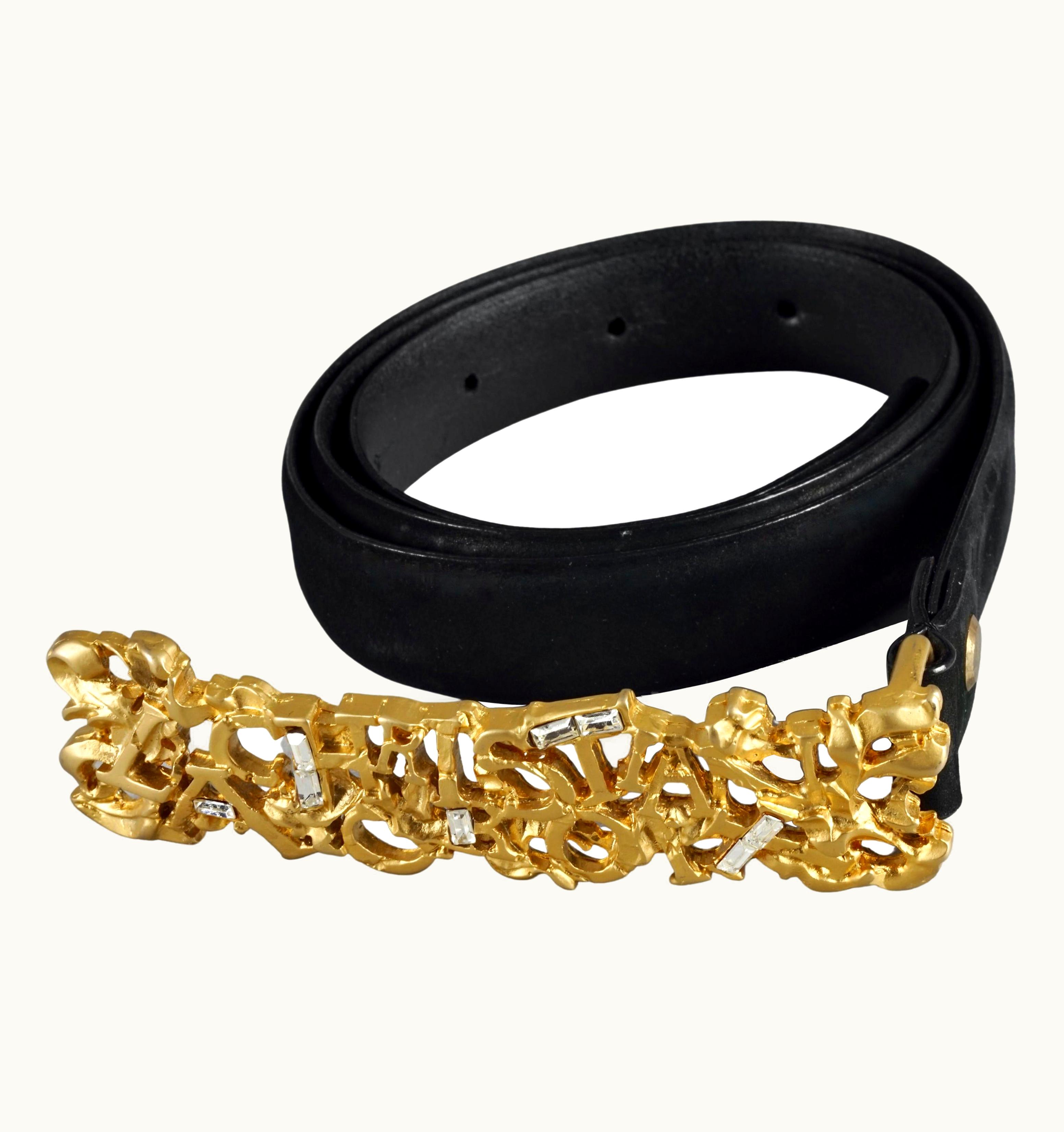 Christian Lacroix Vintage Christian Lacroix Spelled Abstract Rhinestone Black Suede Skinny Belt