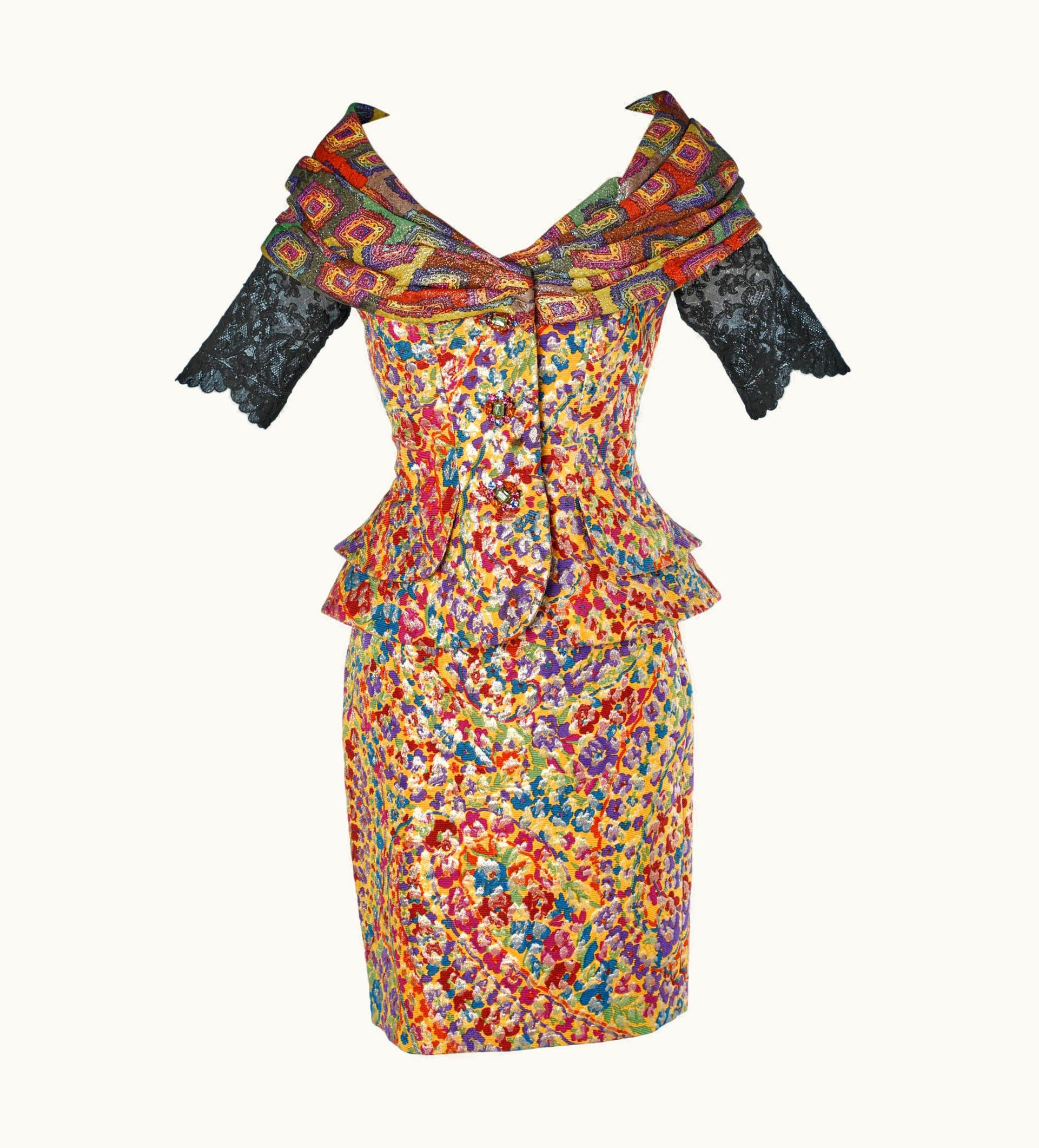 Christian Lacroix Multicolor Brocade And Black Lace Skirt Suit Christian Lacroix
