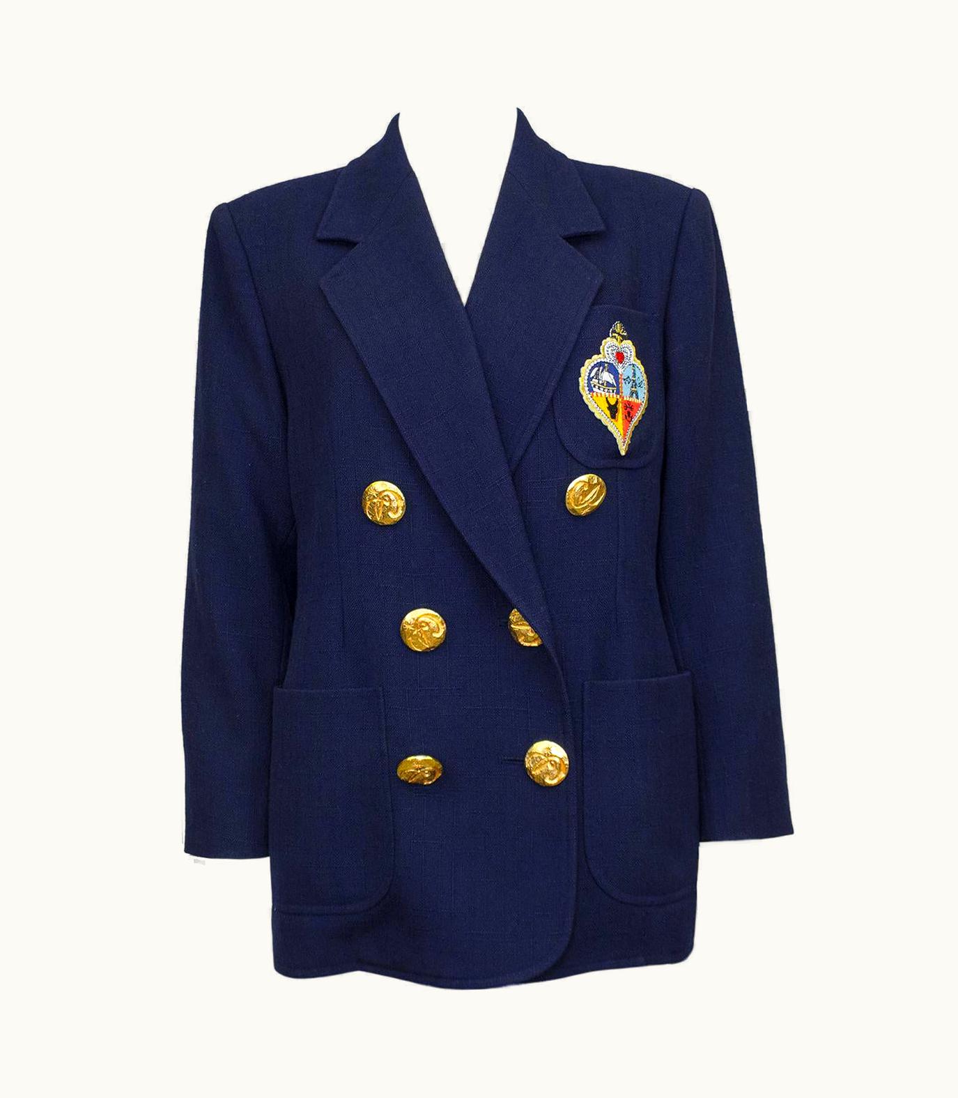 Christian Lacroix 1990s Christian Lacroix Navy Blue Double Breasted Blazer With Crest