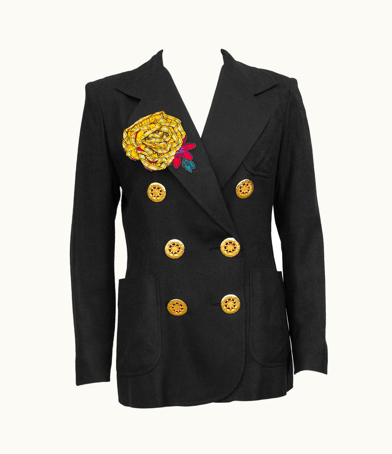 Christian Lacroix 1990s Christian Lacroix Black Linen Double Breasted Jacket With Flower