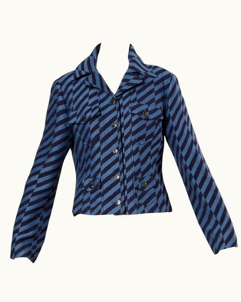 Christian Lacroix Christian Lacroix Vintage Striped Two Tone Blue Military Jacket, 1980s