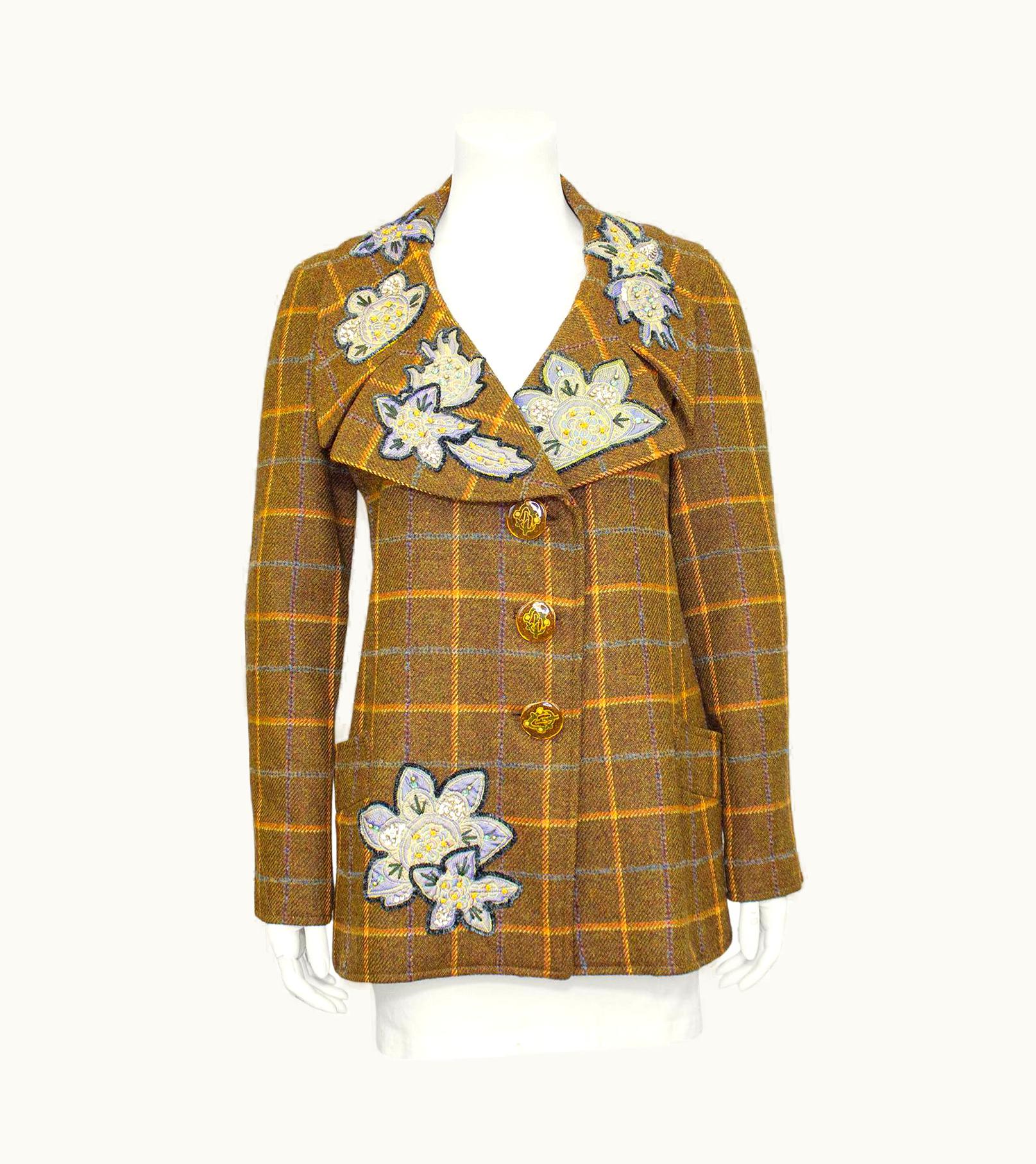 Christian Lacroix 1990s Christian Lacroix Brown Plaid Jacket With Blue Floral Appliques