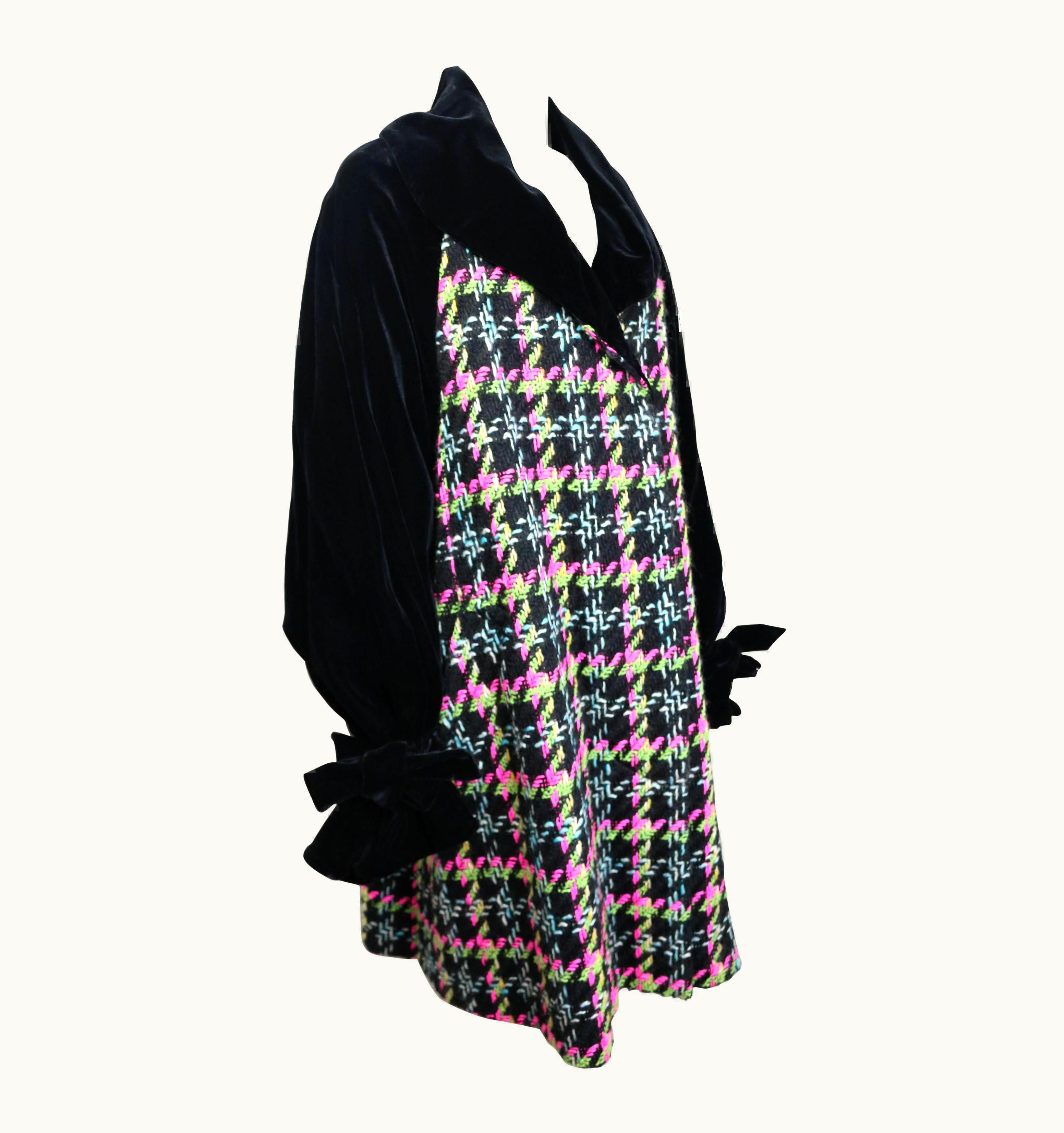 Christian Lacroix Christian Lacroix Black Velvet Colours Houndstooth Tweed Oversized Long Coat