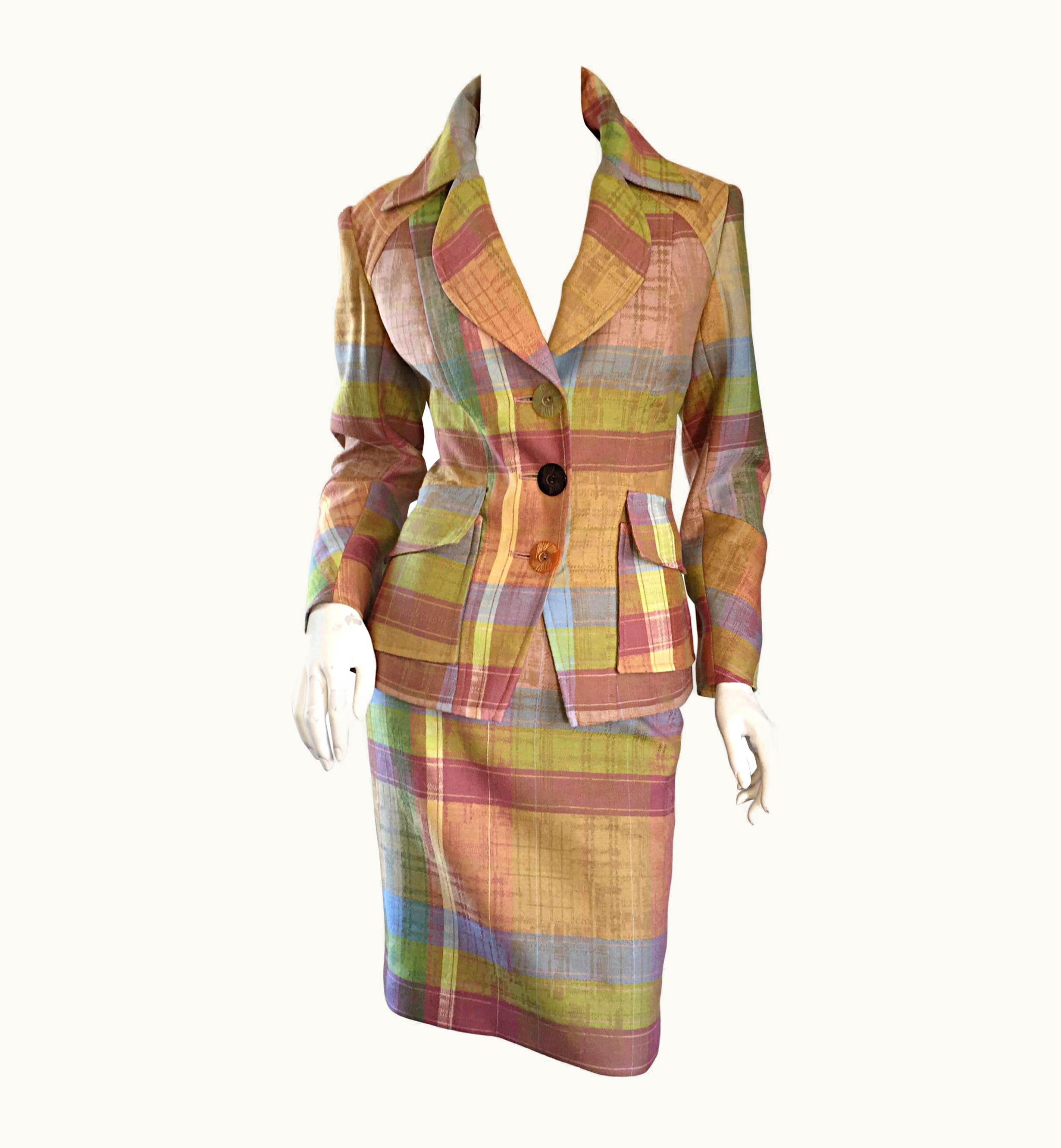 Christian Lacroix Christian Lacroix 1990s 90s Asymmetrical Plaid Pastel Vintage Skirt Suit