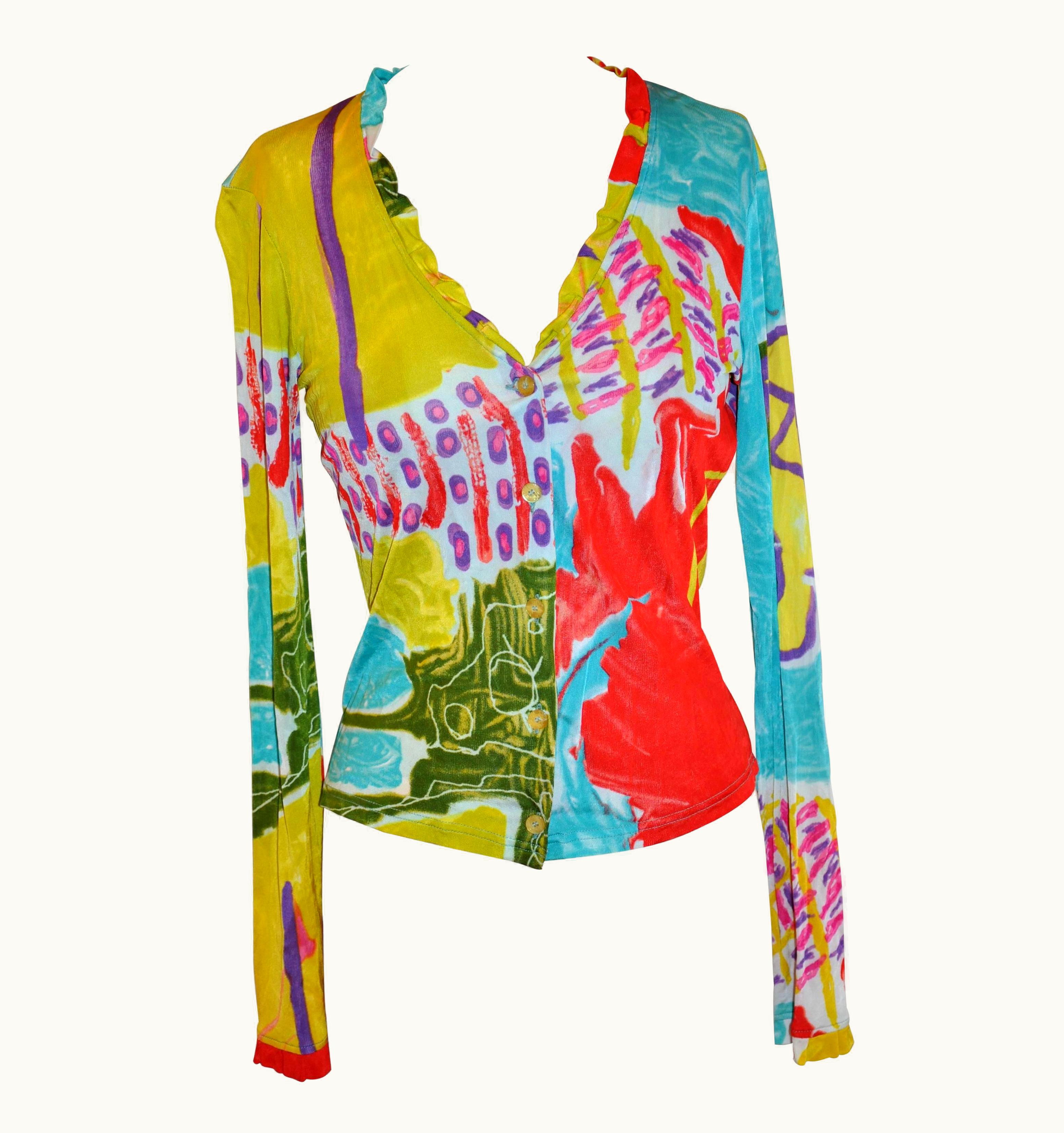 Christian Lacroix Christian LaCroix Bold Multi-Abstract Stretch Form-Fitting Button Top