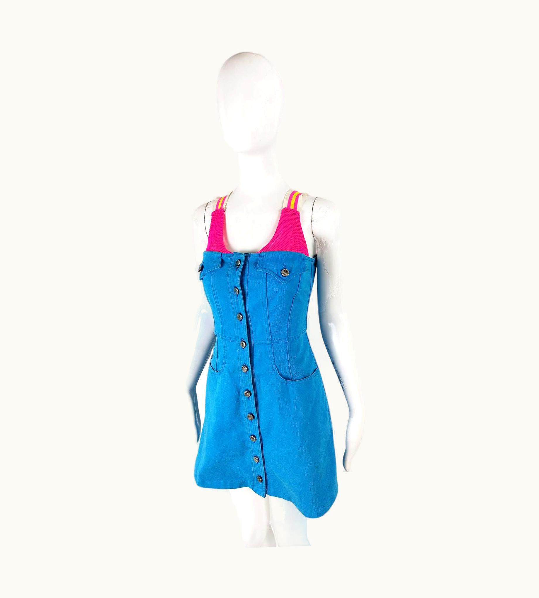 Christian Lacroix Christian Lacroix Vintage Blue Denim & Hot Pink Y2k Mesh Mini Dress